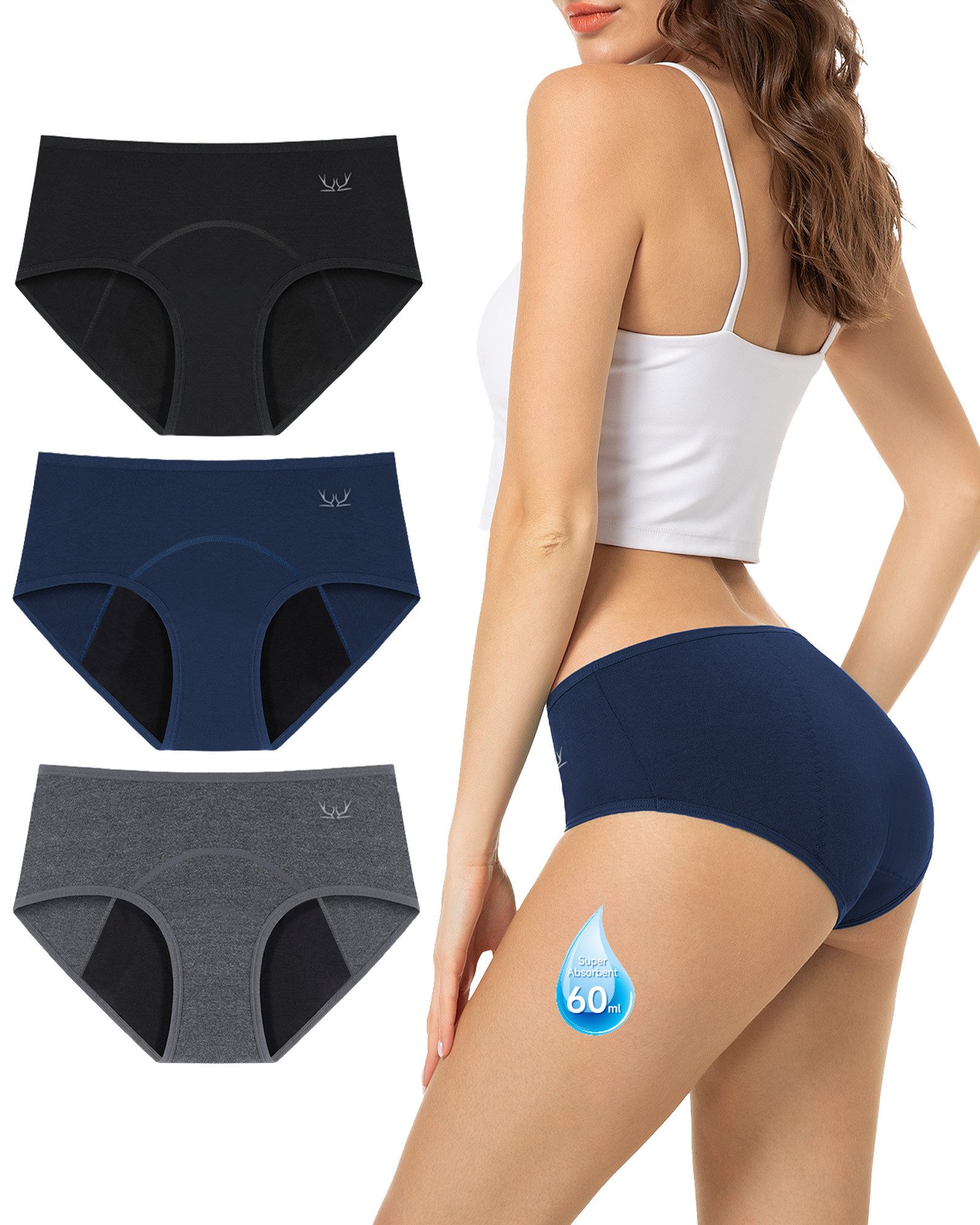 TANSTC Periodenslip Periodenunterwäsche Damen, Menstruationsunterwäsche (Packung, 3er-Pack) auslaufsicher, für starke Tage geeignet, mehrlagiger Schutz, waschbar