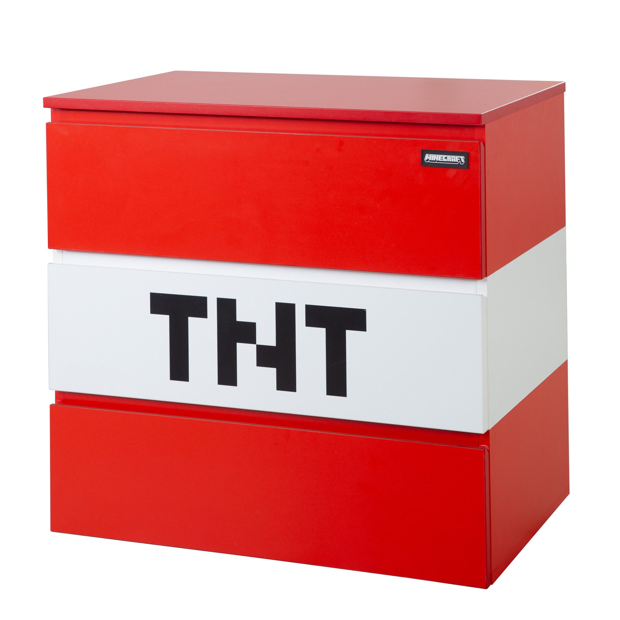 Minecraft Kommode TNT mit 3 Schubladen - roter / weißer Korpus aus Holz, Sideboard aus Holz mit Soft-Close - in Minecraft TNT Design