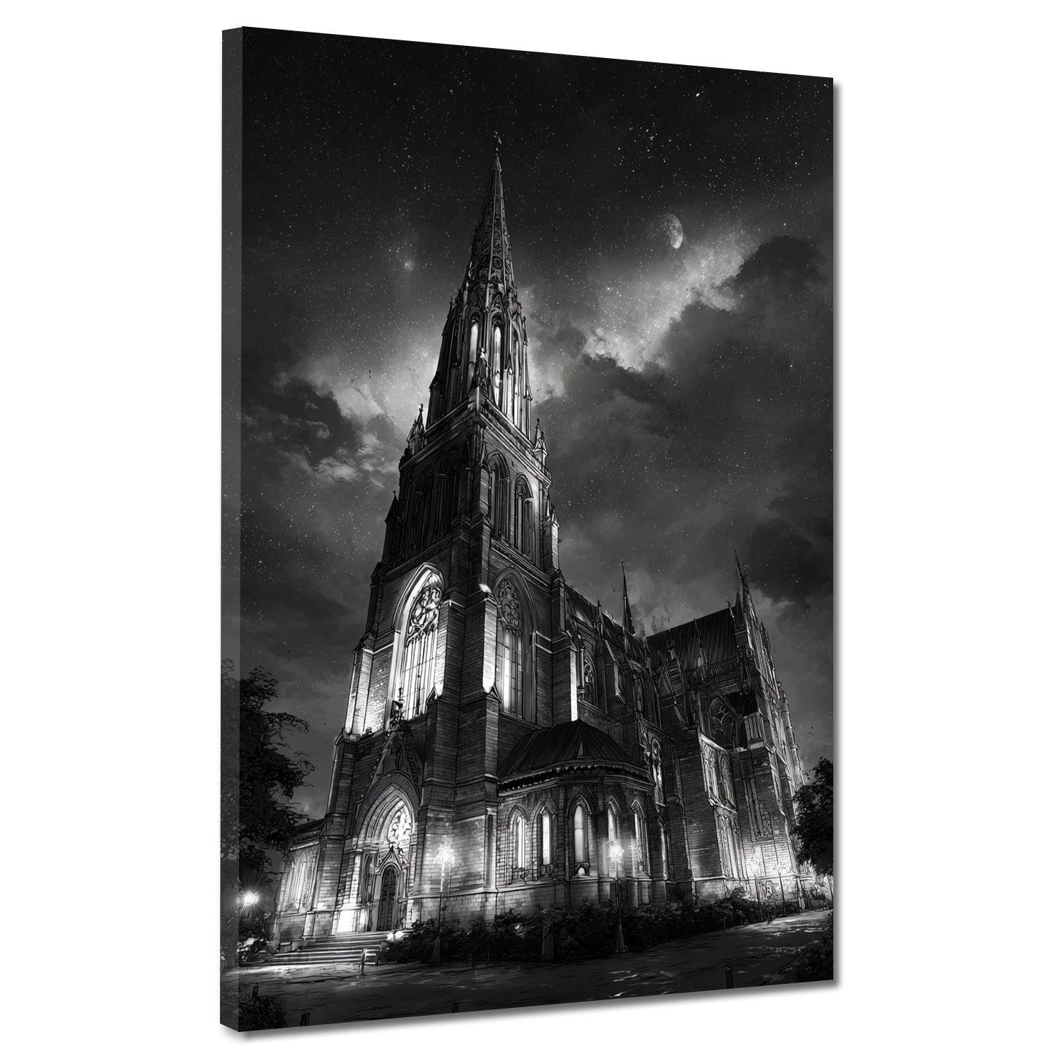 Artedinoi Leinwandbild Kirche Schwerin Nachtaufnahme schwarz weiß Leinwandbild Wandbild Kunst, Kirche Schwerin bei Nacht, S/W