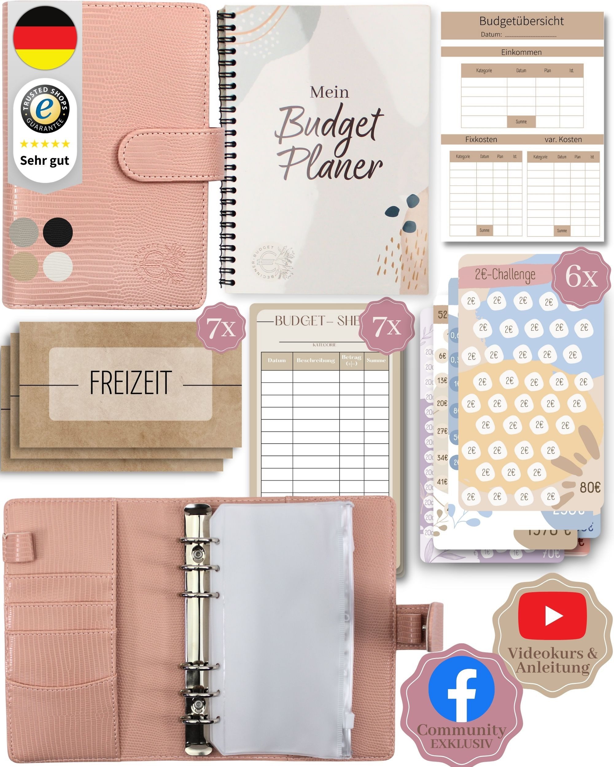 BeginnerBudget Ringbuchkalender Budget Planner & Haushaltsbuch Starter-Set: Sparbuch & Spar-Challenges, Sparen mit Umschlagmethode + Anleitung - Ringbuch - Binder A6