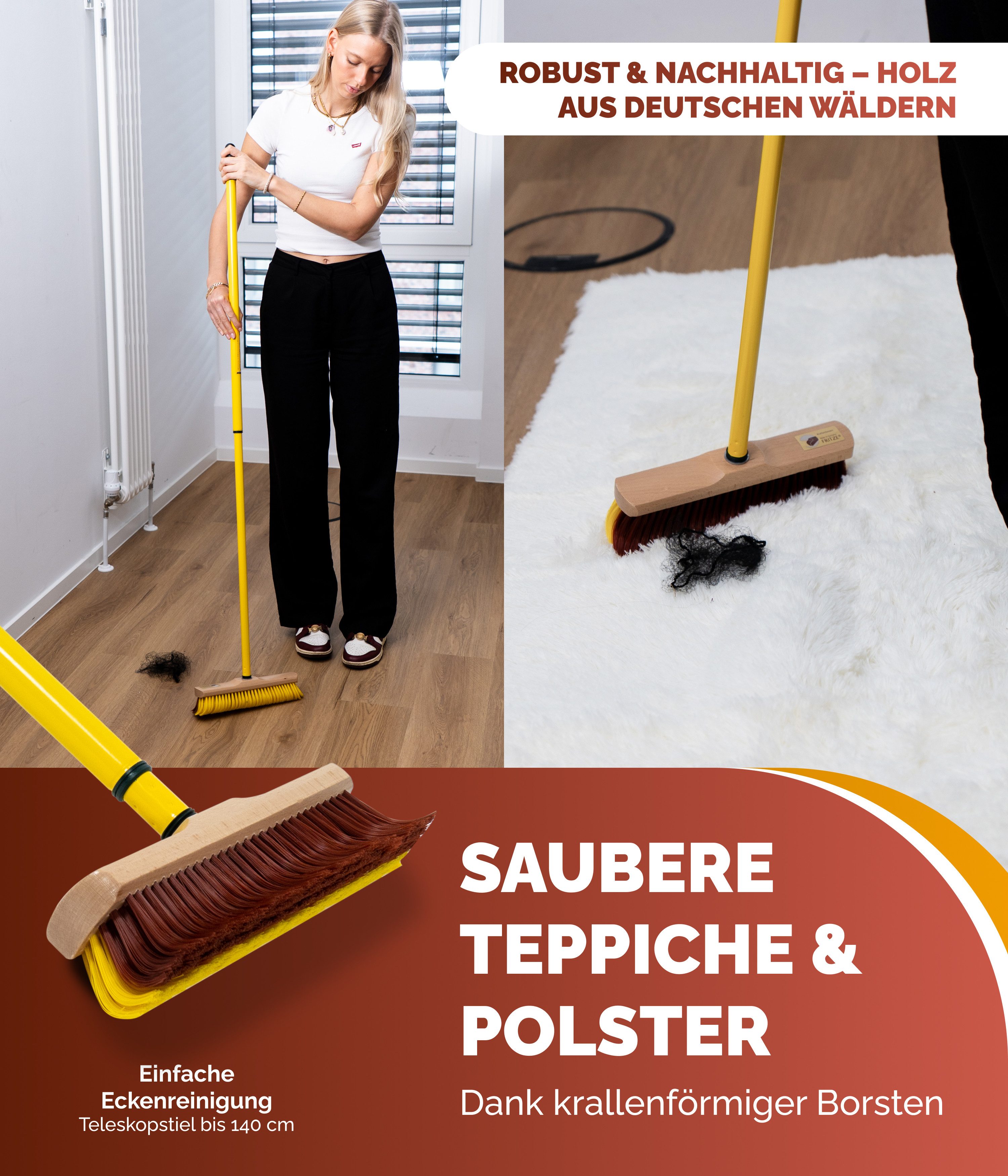 Fritze® Teppichkehrer Krallenbesen Haushalt 30 cm - Vielseitiger Indoorbesen, Teppiche, Abstreicher, alle Indoorbereiche, (Besen inkl. Stiel, 2-teilig), Innovat – Bild 4 von 5
