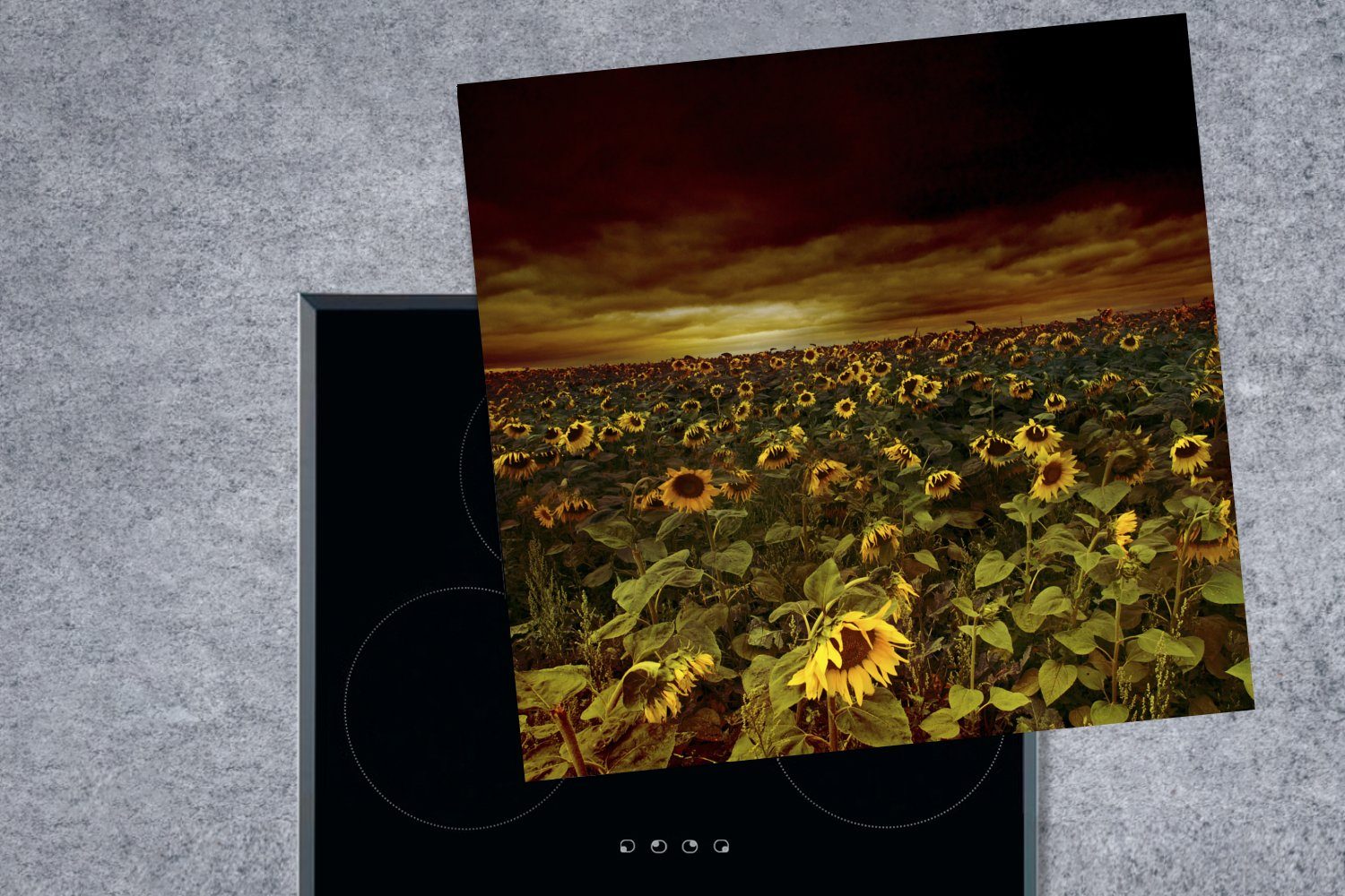Herdblende-/Abdeckplatte dunklen MuchoWow Wolken, Sonnenblumen (1 Ceranfeldabdeckung, Vinyl, 78x78 tlg), zwischen küche Arbeitsplatte cm, für