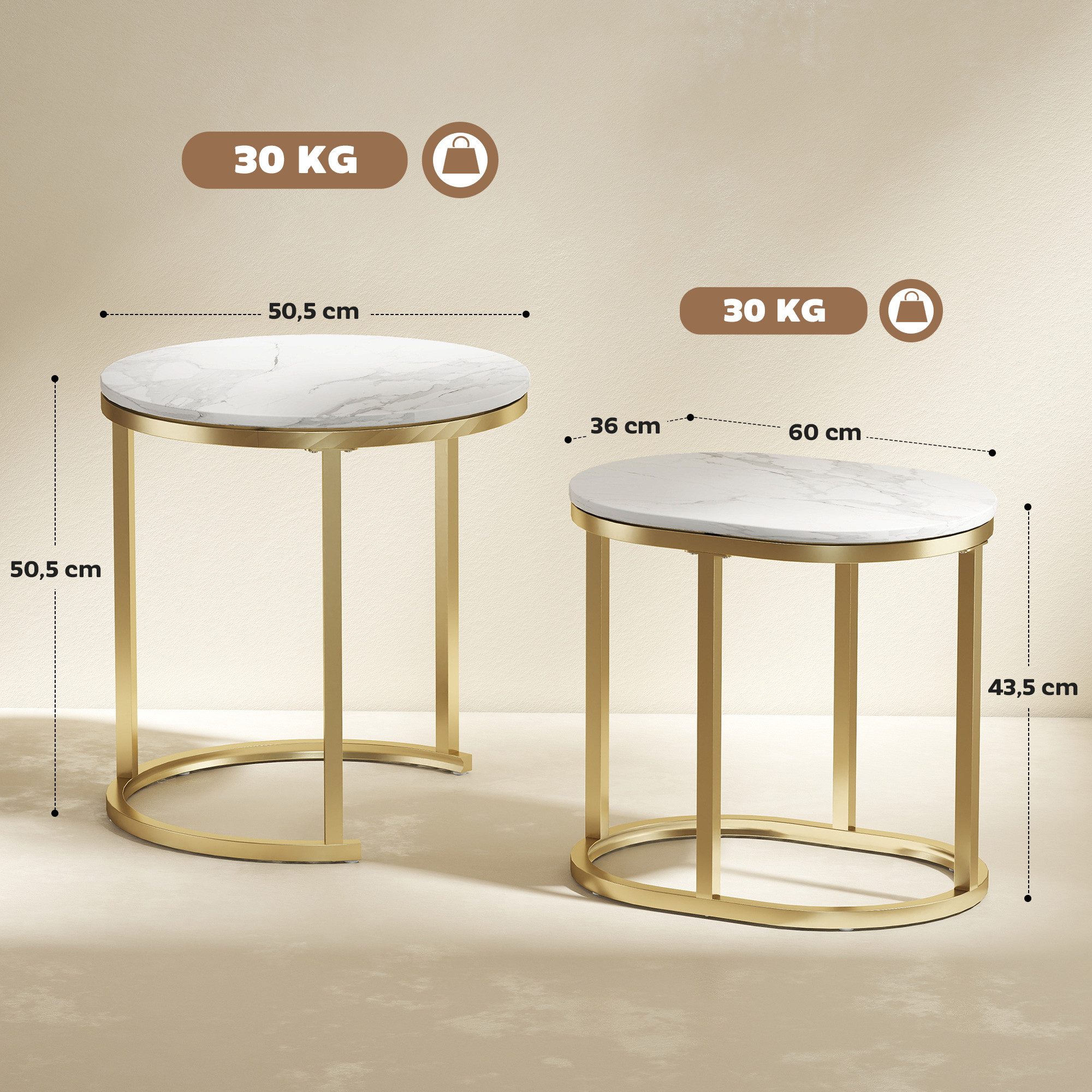 HOMCOM Couchtisch 2er Set Stapelbarer Kaffeetisch mit Stahlrahmen (Sofatisch, 2-St., Beistelltisch), für Wohnzimmer, Schlafzimmer, Balkon, Weiß