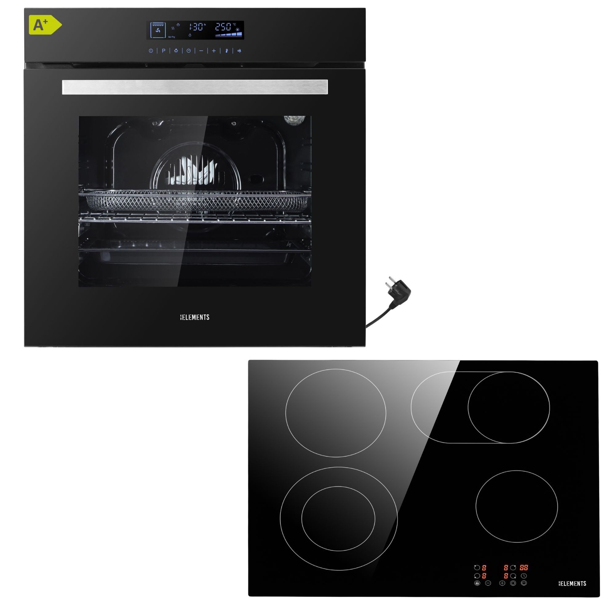 KB Elements Induktions Herd-Set Einbaubackofen 60 cm mit 4-Zonen Glaskeramik Kochfeld 60 cm, mit 2-fach-Teleskopauszug, AQUA CLEAN, Einbaubackofen Full Touch mit 15 Funktionen, Air Fry Funktion