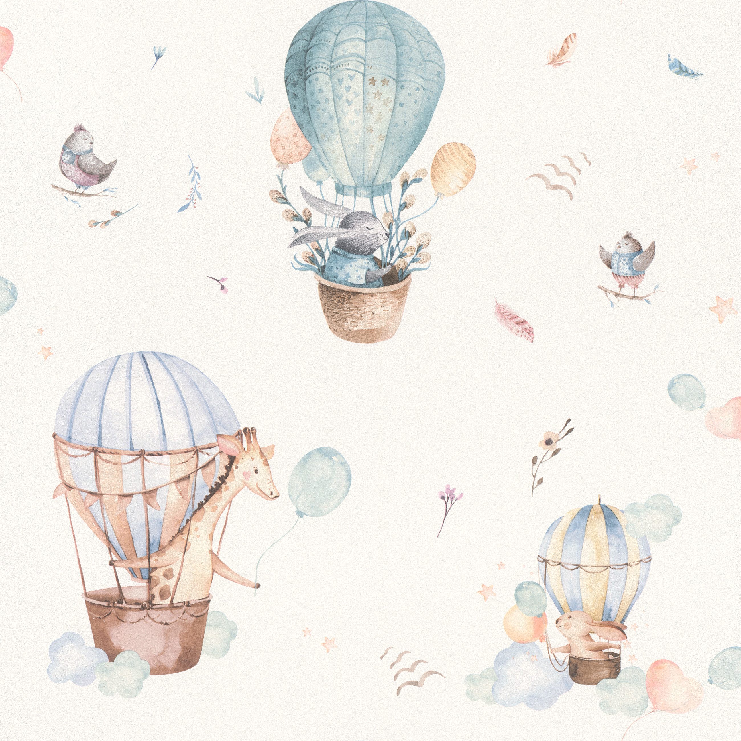 Rasch Vliestapete Heißluftballons Beige Braun Türkis, Naturoptik, (1 Rolle, 1 St., Kollektion 'Kids World II' - 10,05 m x 0,53 m), gute Lichtbeständigkeit, feucht abwischbar, restlos abziehbar