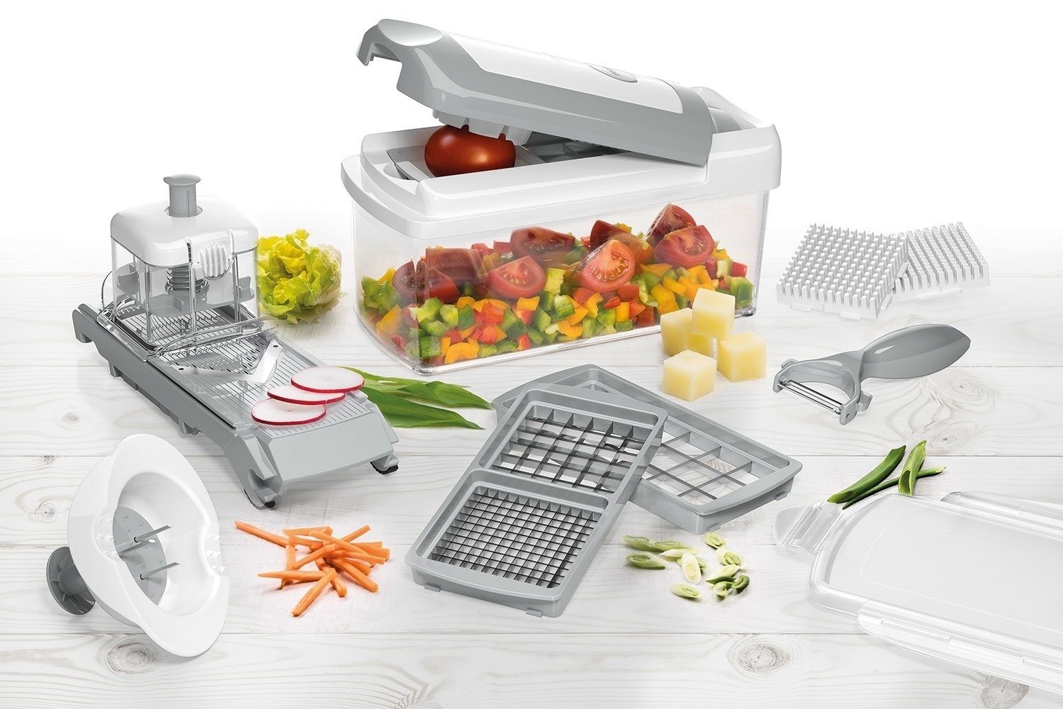 Genius Gemüseschneider Multischneider-Set 14-tlg. NICER DICER CHEF, Weiß, Grau, Kunststoff, Edelstahlklingen