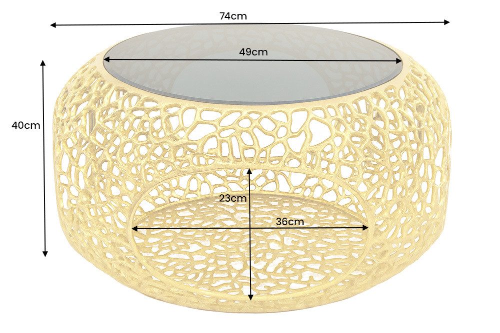 riess-ambiente Couchtisch SPIN Ø75cm gold / schwarz - Schwarzglas, Metall, Stauraum, handmade (Einzelartikel, 1-St), runder Beistelltisch m. individuellem Blattmuster- ideal f. Wohnzimmer