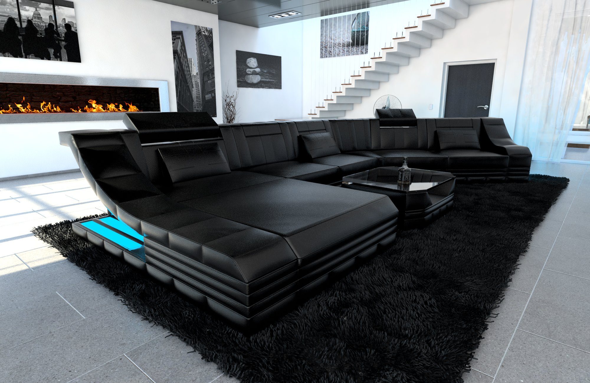 Sofa Dreams Wohnlandschaft Ledercouch Leder Sofa Turino CL Form Ledersofa, Couch, mit LED, wahlweise mit Bettfunktion als Schlafsofa, Designersofa