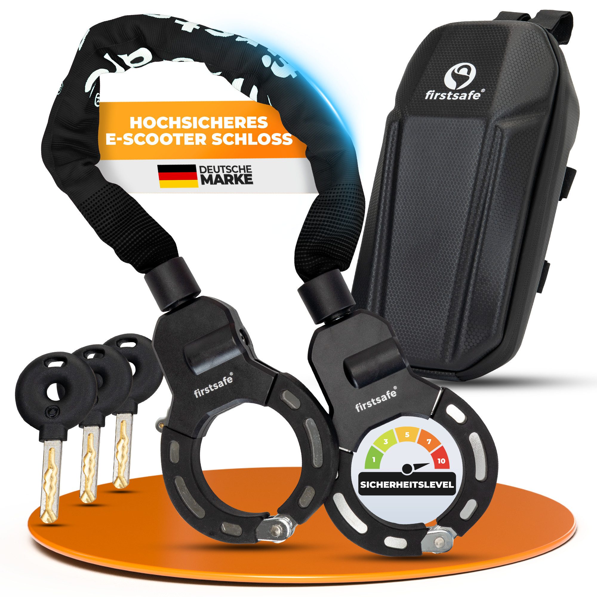 firstsafe Kettenschloss Handschellenschloss für E Scooter Schloss und Fahrrad mit Tasche (Set, Schloss + Tasche, 3 Schlüssel), Inklusive Scooter-Tasche