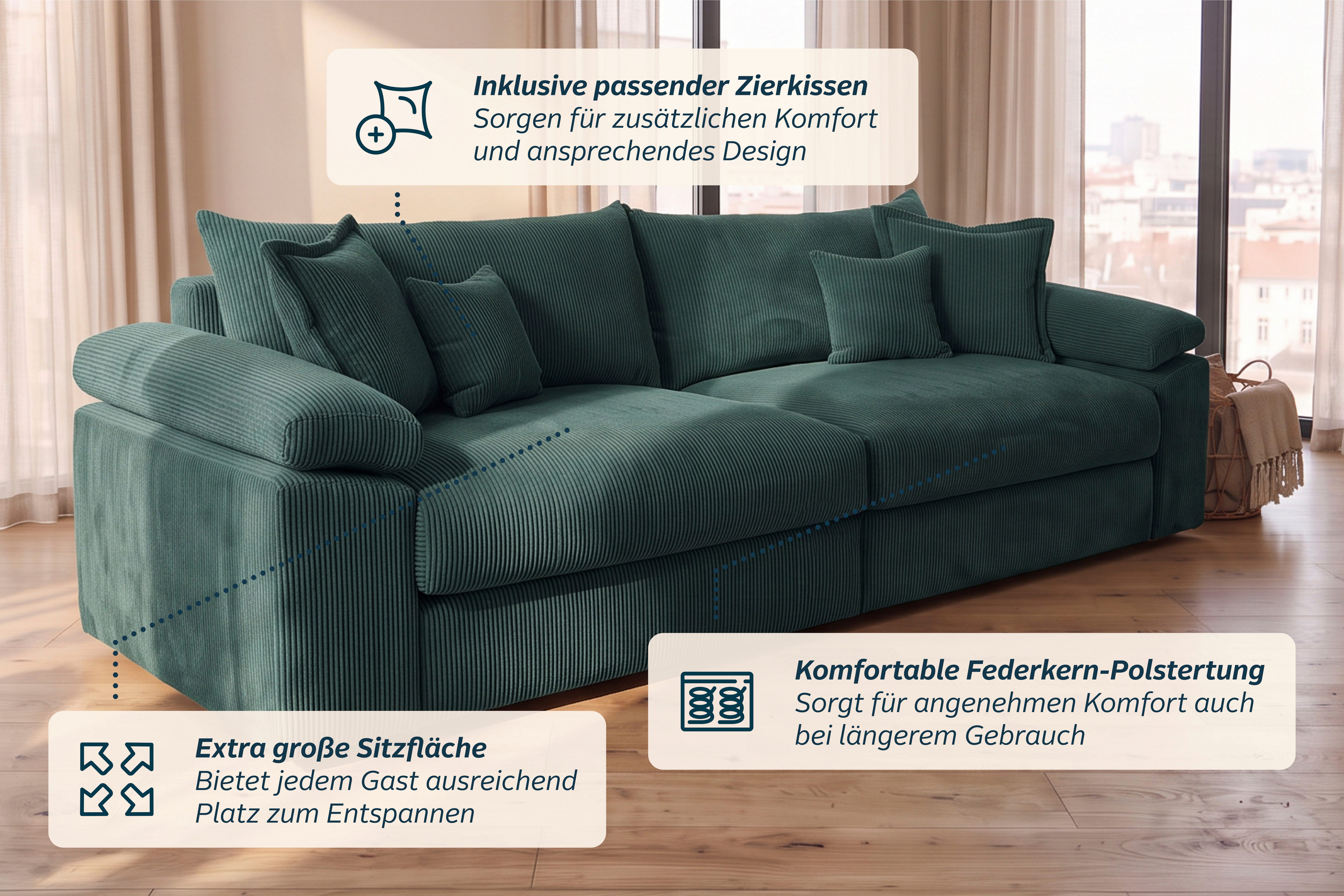 OTTO home Big-Sofa Soft&Cosy XXL, B: 303 cm - OTTO. Verlässliche Qualität., Mega-Sofa, Cord oder Chenille-Struktur, mit Federkern & 4 Zierkissen – Bild 5 von 5