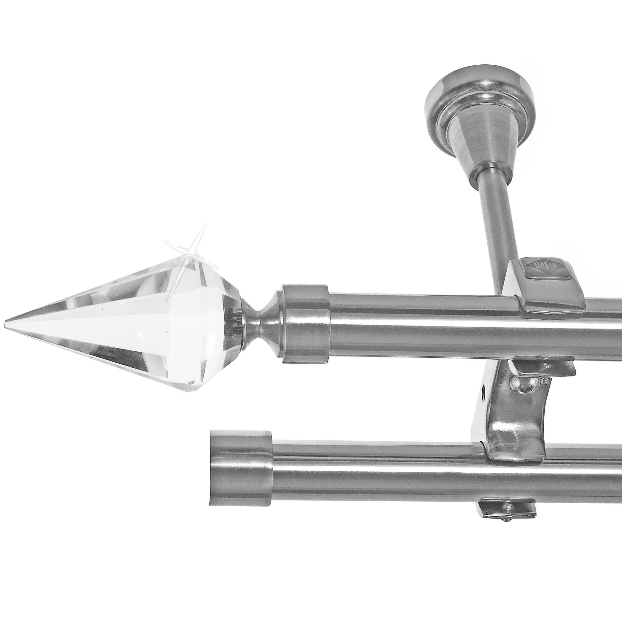 BASIT Gardinenstange Edelstahloptik 20mm mit Deckenträgern 540 cm E37, Ø 20 mm, 2-läufig, verschraubt, Metall, D61RR 540 cm E37 Spitze Kristall