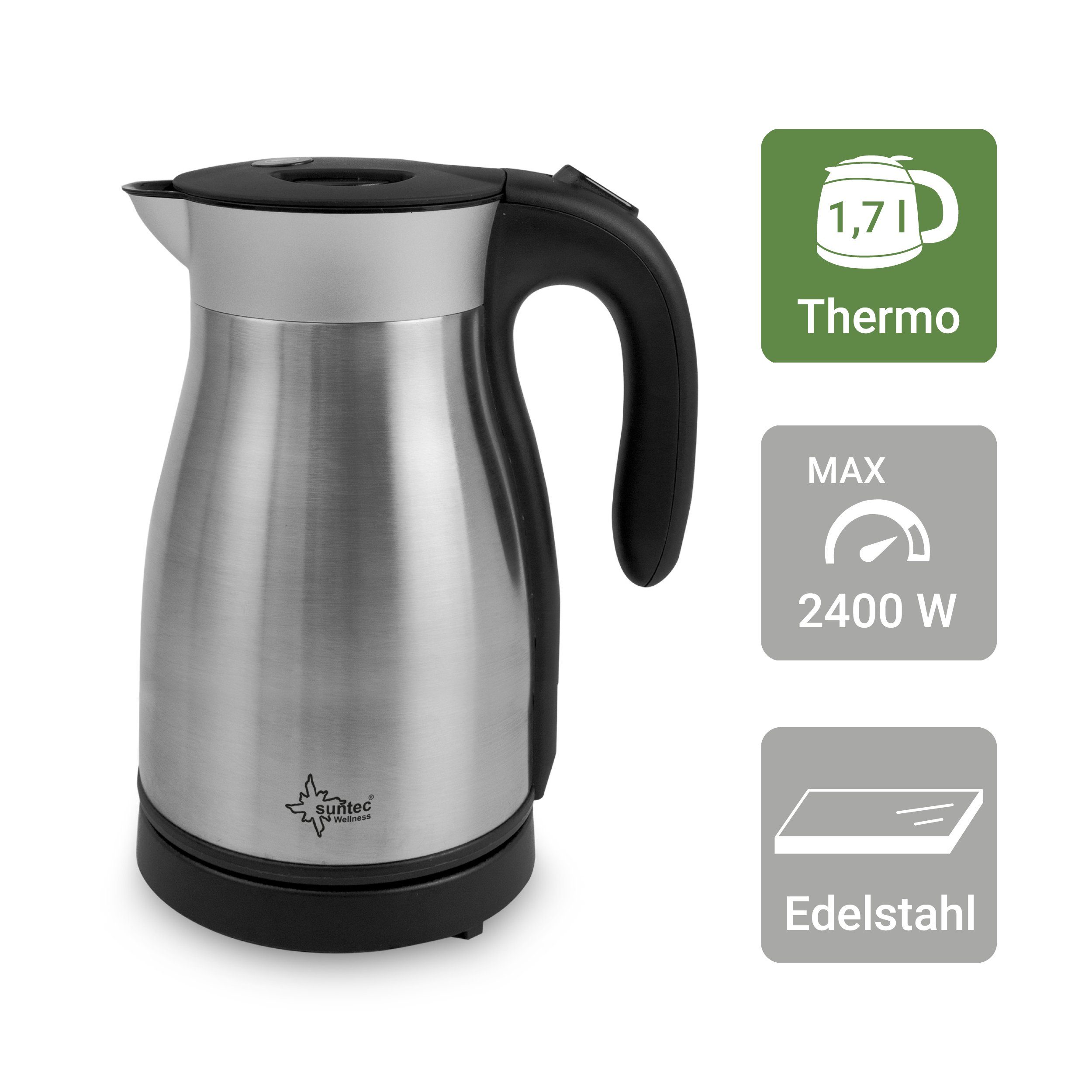 Suntec Wellness Wasserkocher WAK-8489 thermo, 1.7 l, 2400,00 W, Edelstahl-Kocher auch als Thermokanne nutzen, Anti-Tropf-Mechanismus