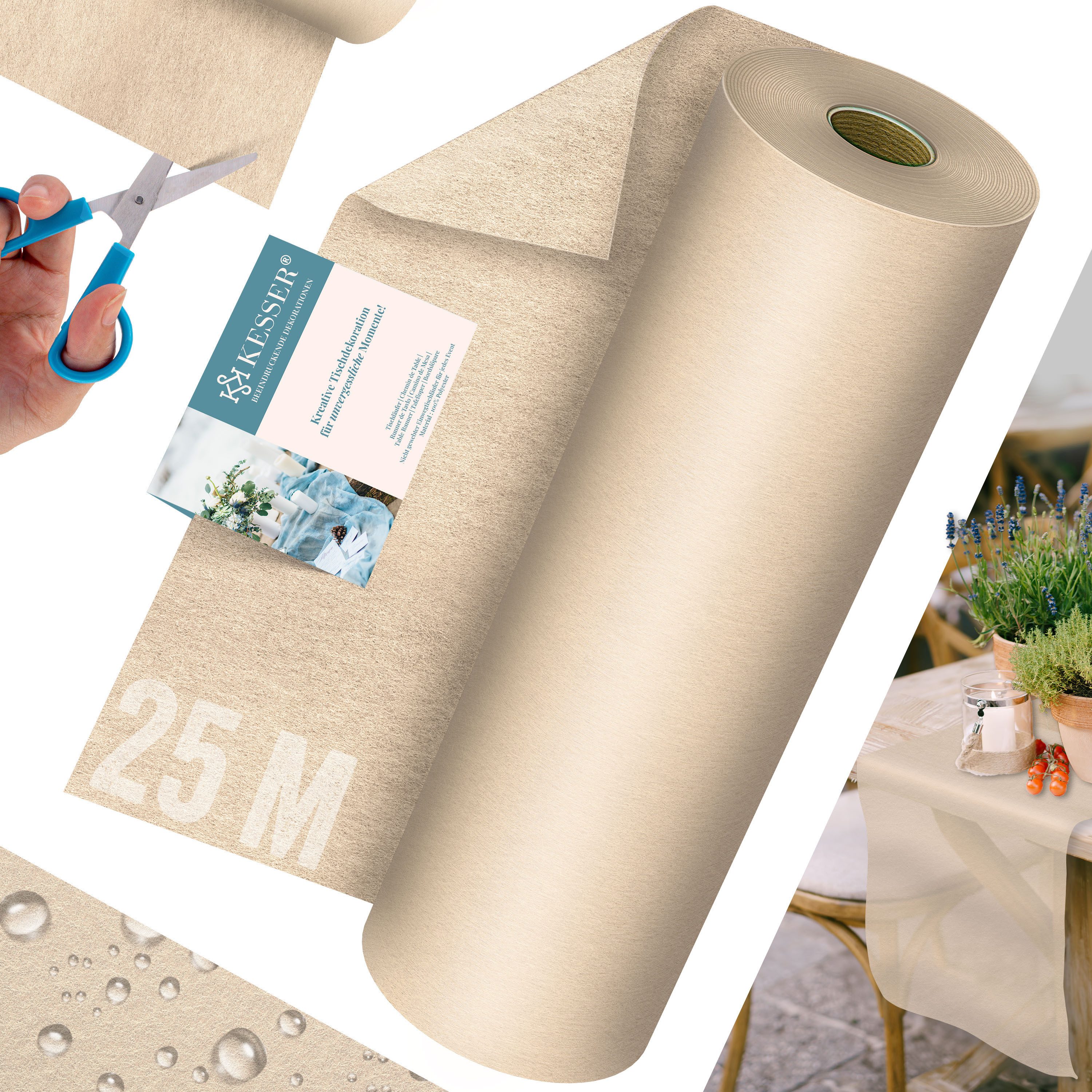 KESSER Tischläufer 25 m × 30 cm, wasserabweisend & abwaschbar, 30 g/m², anpassbare Vlies-Tischdekoration – für Feste aller Art geeignet