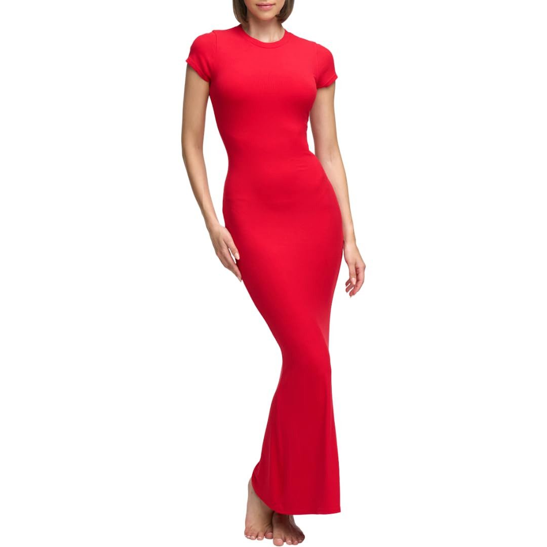 cfab by creamy fabrics Jerseykleid Ribbed T-Shirt Maxikleid-Fire Red-S (1-t günstig online kaufen