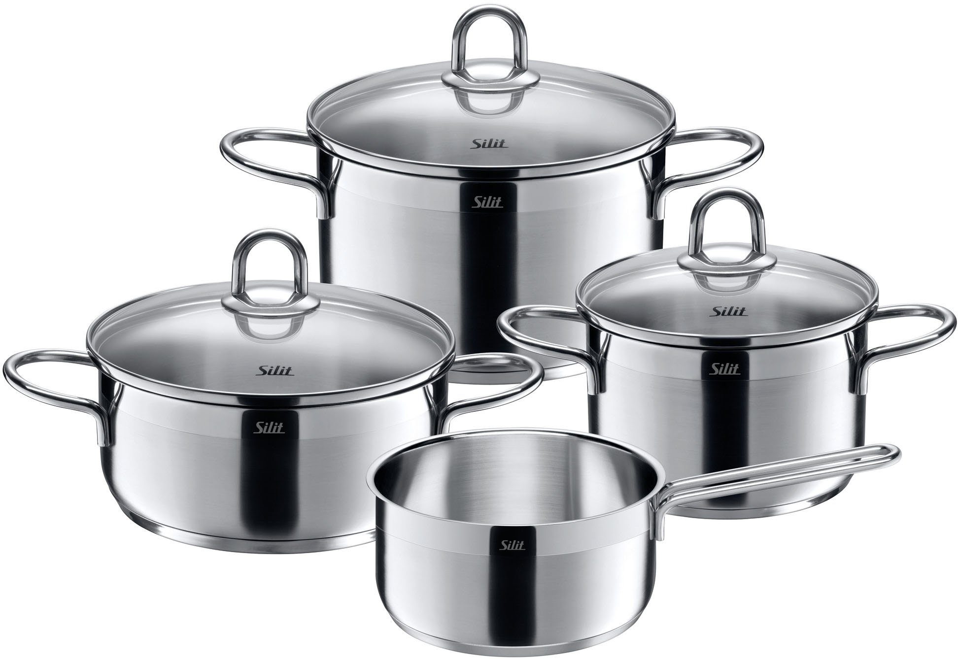 Silit Topf-Set Diamant, Каструлі mit Glasdeckel, Induktions Каструлі Set unbeschichtet, Edelstahl 18/10 (Set, 7-tlg., Bratentopf Ø 20 cm, Fleischtopf Ø 16/20 cm, Stielkasserolle Ø 16 cm), für alle Herdarten geeignet, backofengeeignet bis 180 Grad