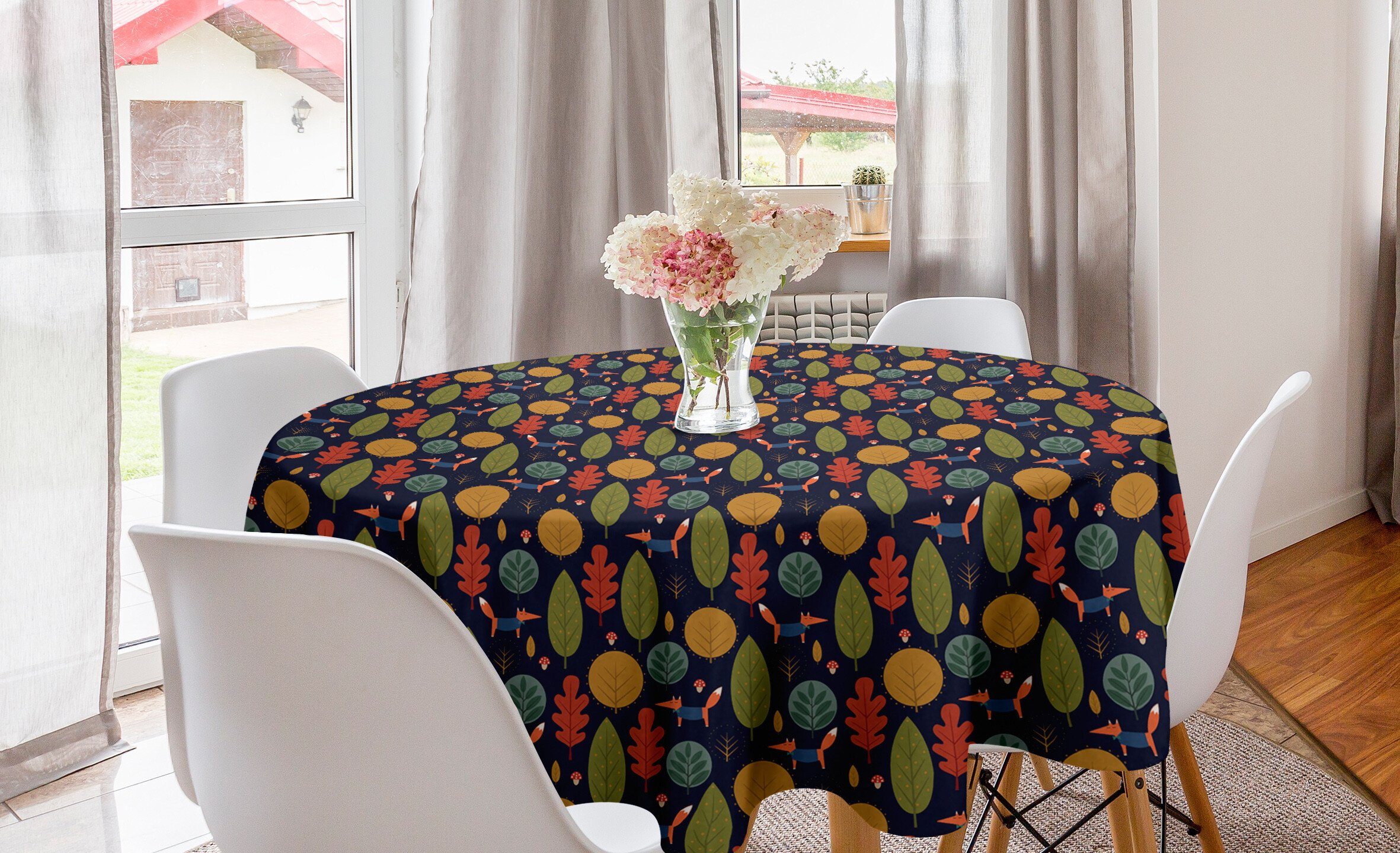 Abakuhaus Tischdecke Kreis Tischdecke Abdeckung für Esszimmer Küche Dekoration, Wald Fox Bäume und Pilze