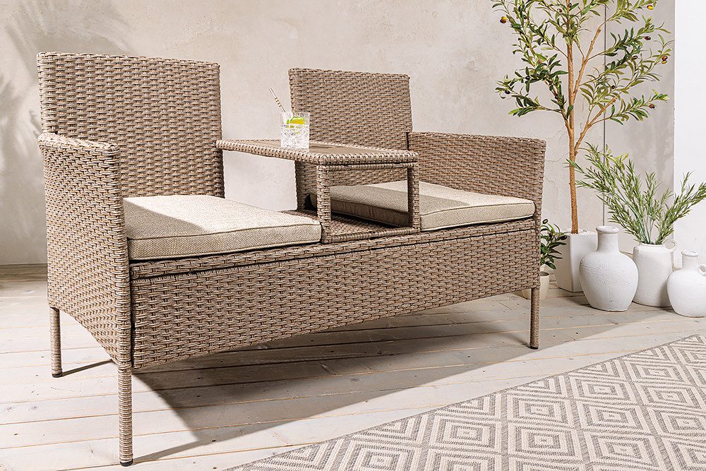 riess-ambiente Gartenbank PORTOFINO 140cm natur / beige (Einzelartikel, 1-St), Polyrattan · Balkon · Terrasse · Outdoor 2-Sitzer mit Tisch & Kissen