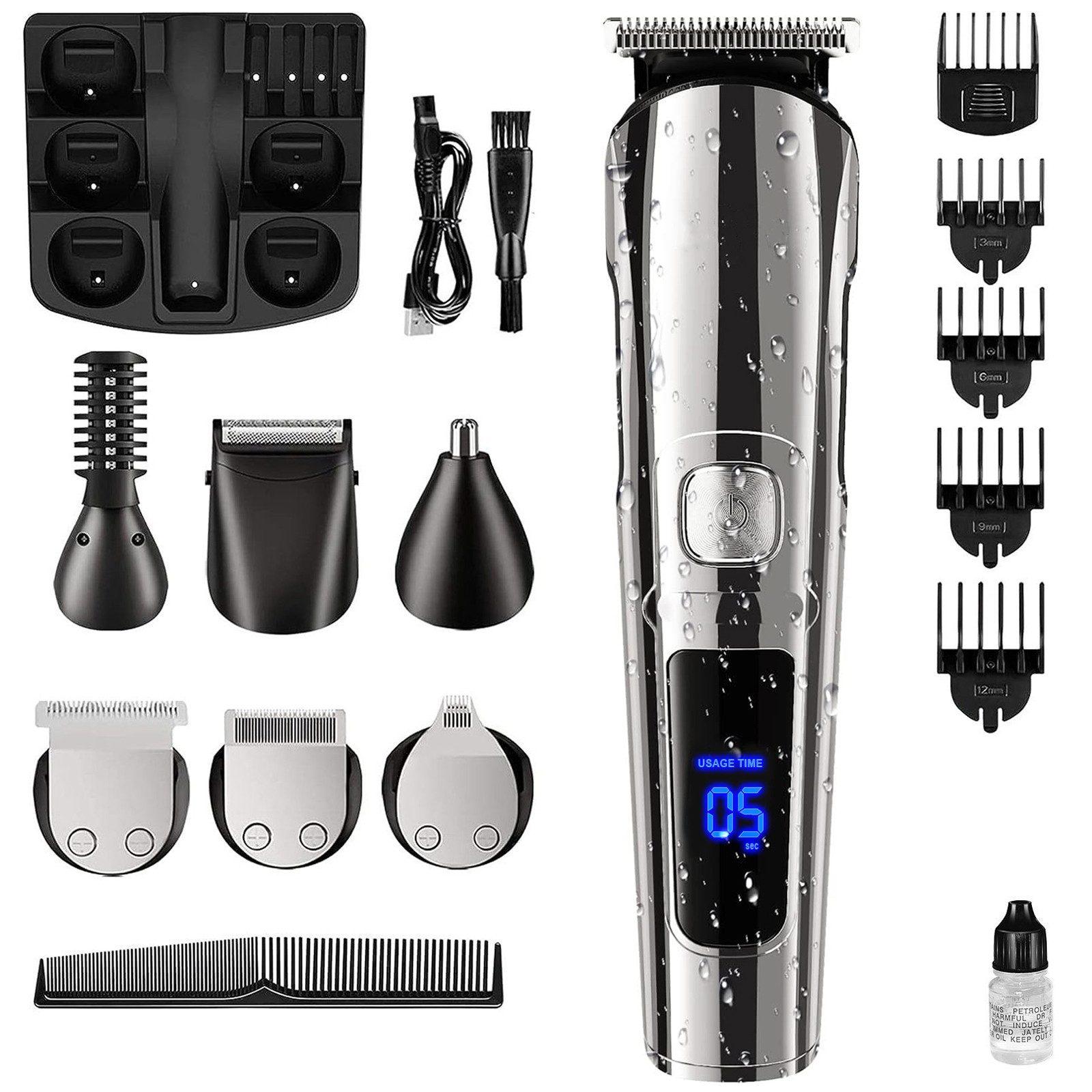 AIMAX Haar- und Bartschneider Wasserdicht 6 in 1 Haarschneider Set, Elektrischer Rasierer, 6 Spezialaufsätze, rostfreien Titan-Klingen, IPX7 Wasserdicht