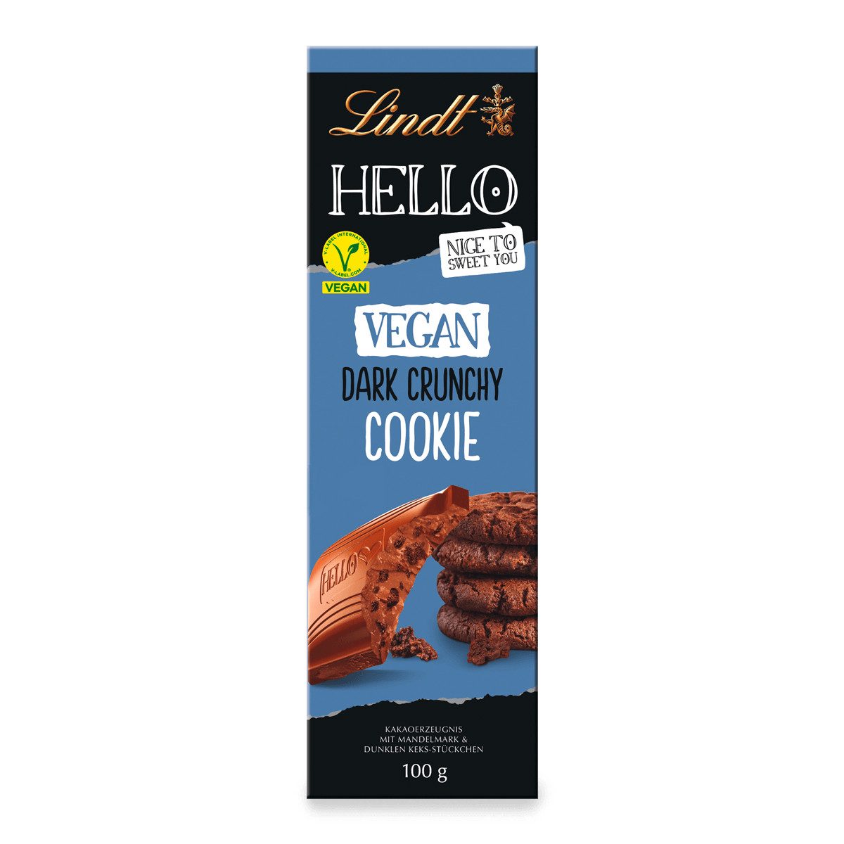 LINDT Schokolade, Lindt Hello Vegan Dark Crunchy Cookie mit dunklen Keksstückchen 100g