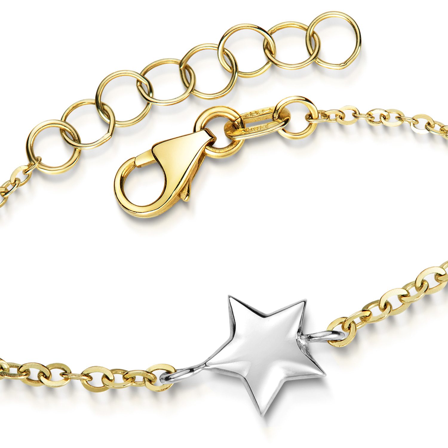 Materia Armkette Kinderarmband Echtgold Sterne / Sternchen 16-18cm GA-16, 375 Gelbgold, 375 Weißgold