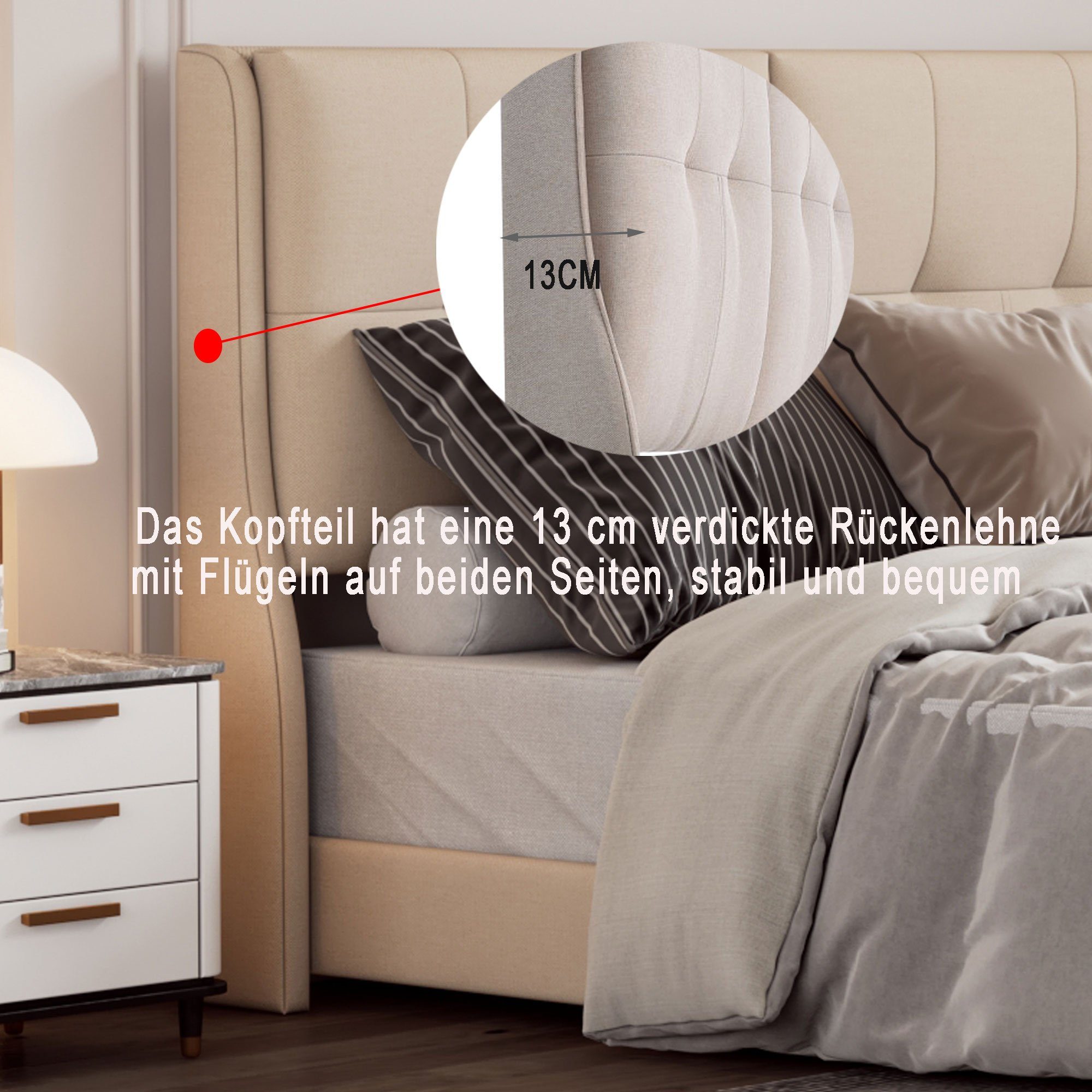Polsterbett (Doppelbett), mit Lattenrost, gepolsterter Kopfteil, Leinen, 140x200