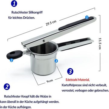 PFCTART Kartoffelpresse Kartoffelstampfer, Edelstahl Kartoffelpresse, Spätzlepresse, Edelstahl, Mit 3 verschiedenen Lochwechslern, Rutschfestes Design