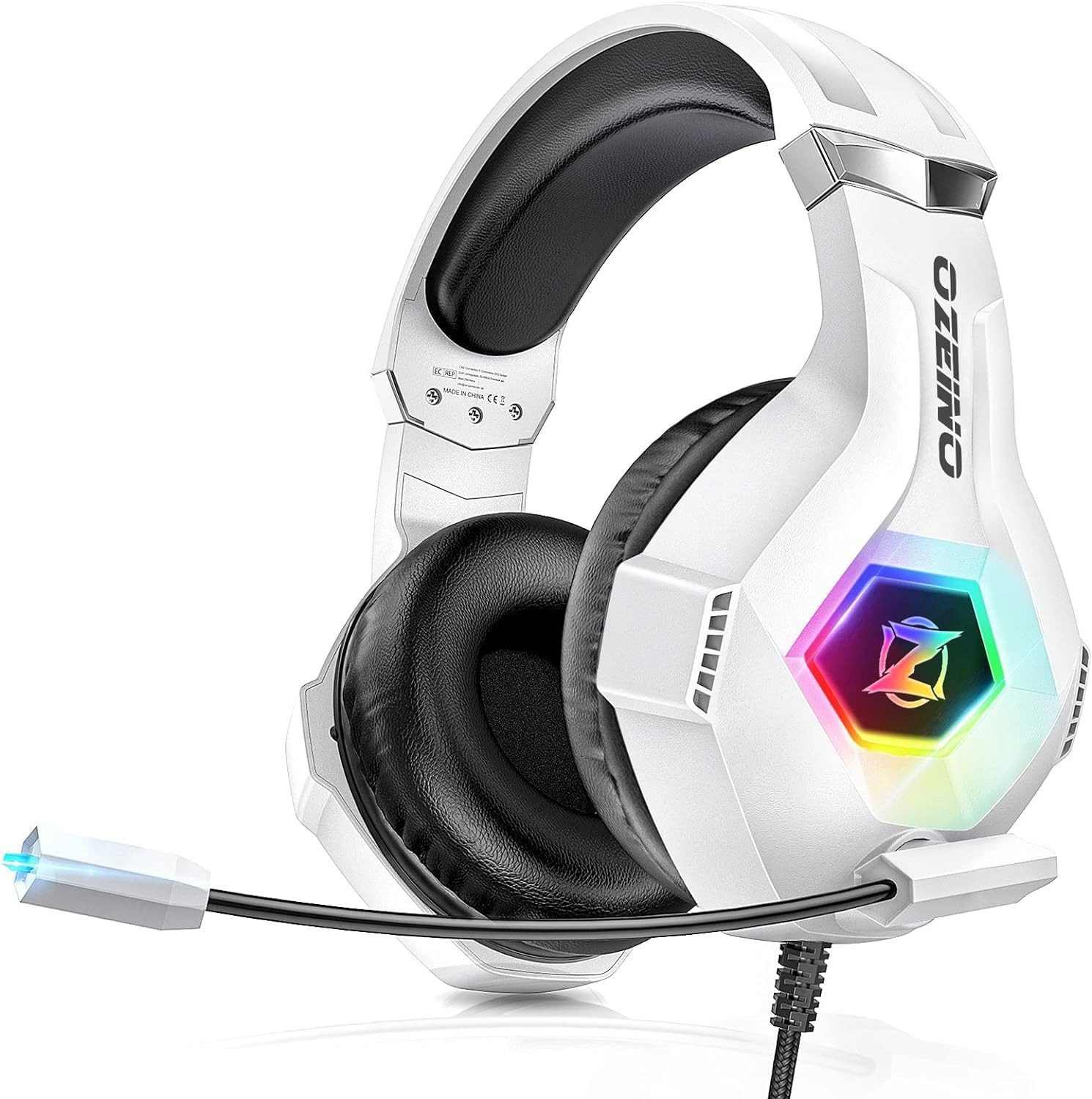 ozeino 3D Surround Sound Kopfhörer mit Mikrofon für Konsolen Gaming-Headset (Robustes, geflochtenes Kabel verhindert Kabelsalat und bietet langlebige Nutzung bei intensivem Gaming-Einsatz., Noise Cancelling Headset mit RGB Licht für PC und Laptop)