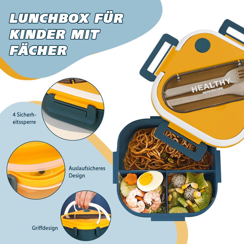 FANNOU Lunchbox Lunch-Behälter (3 Fächer), Auslaufsicher & BPA-frei-mit Besteck, für Kinder und Erwachsene Brotdose mit Fächern