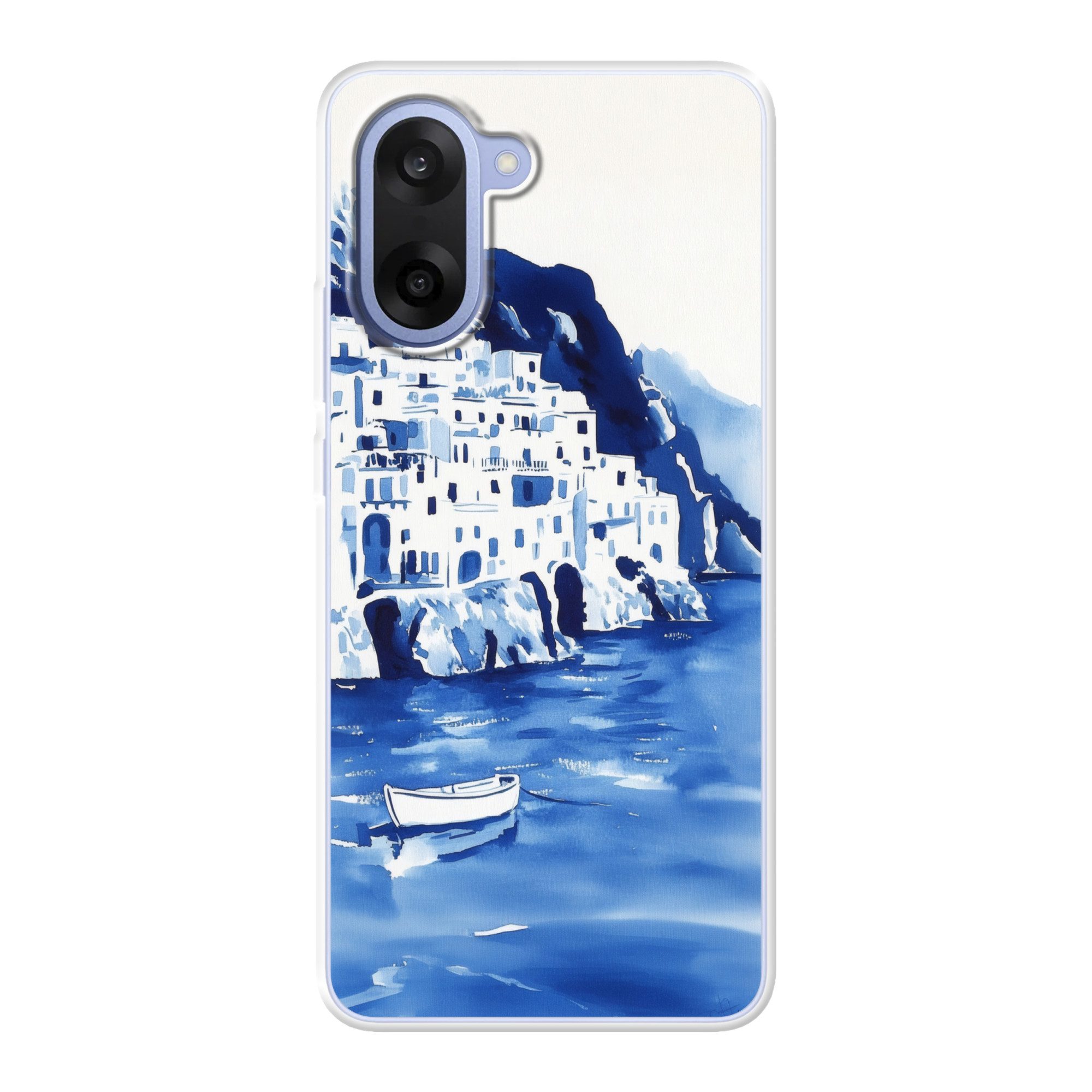 MuchoWow Handyhülle für OnePlus Nord CE5 Dorf - Felswand - Ruderboot - Wasser, Phone Case, Silikon, Schutzhülle Dünn