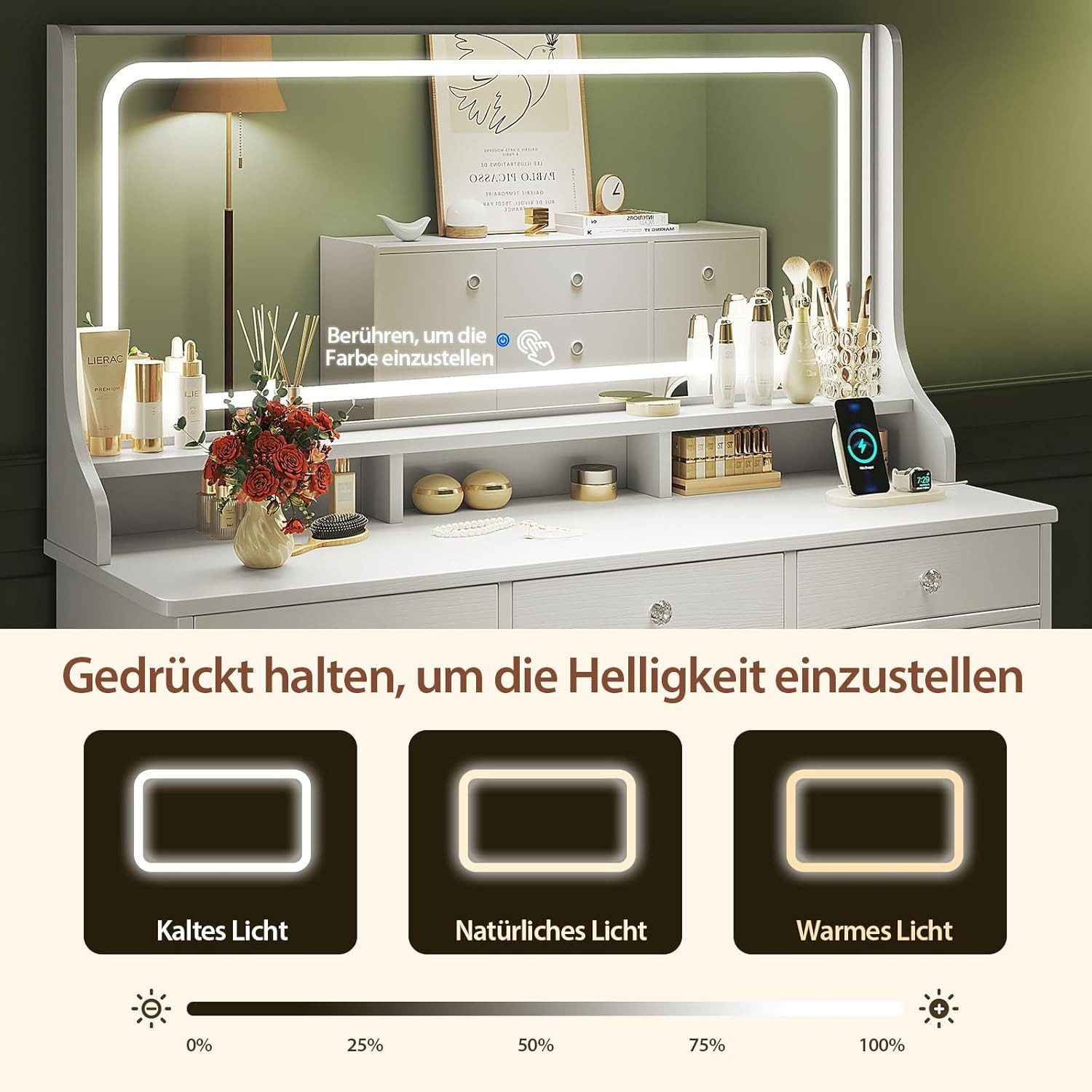 Dripex Schminktisch Schminktisch mit Spiegel, LED und Schubladen, weiß/braun