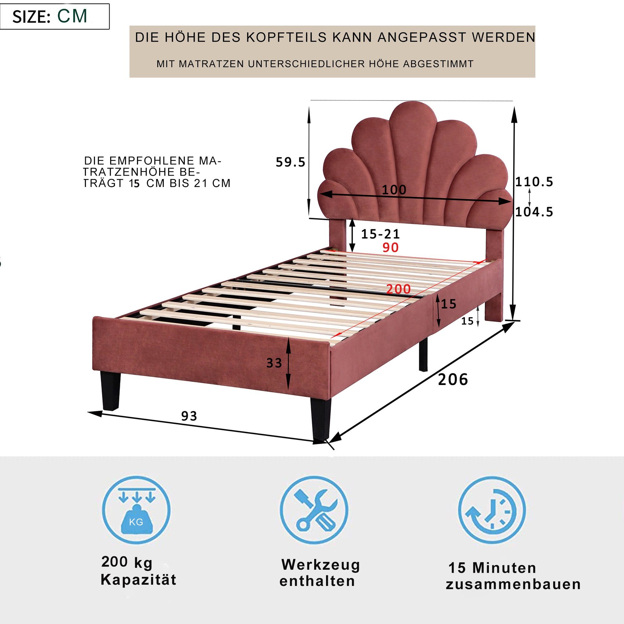 Flieks Polsterbett, Einzelbett Kinderbett Blumenform-Kopfteil Samt 90x200cm
