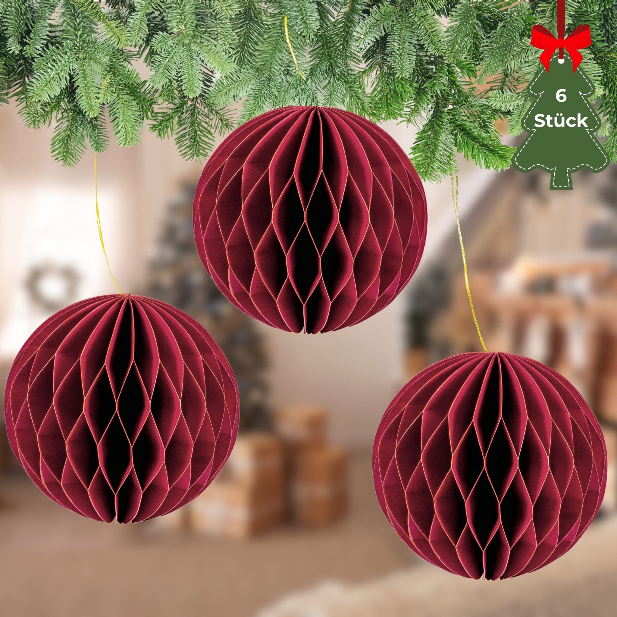 matches21 HOME & HOBBY Dekohänger Weihnachtsdeko Weihnachtskugeln zum Aufhängen Rot 6er Set (6 St), Ø 6 cm Papier Weihnachtsbaumschmuck