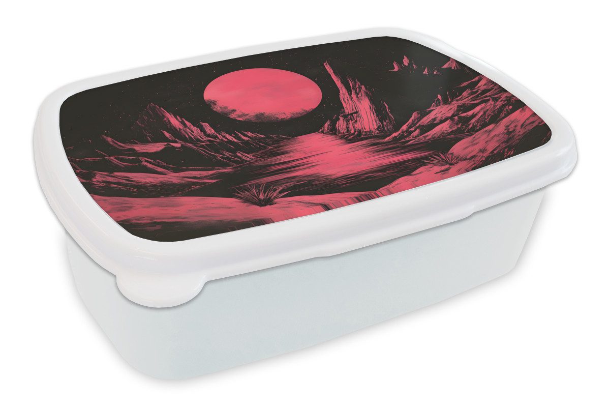 MuchoWow Lunchbox Mond - Helles Rosa - Berge - Fluss, Kunststoff, (2-tlg), Brotdose Schule oder Arbeit, Brotbox für Kinder und Erwachsene