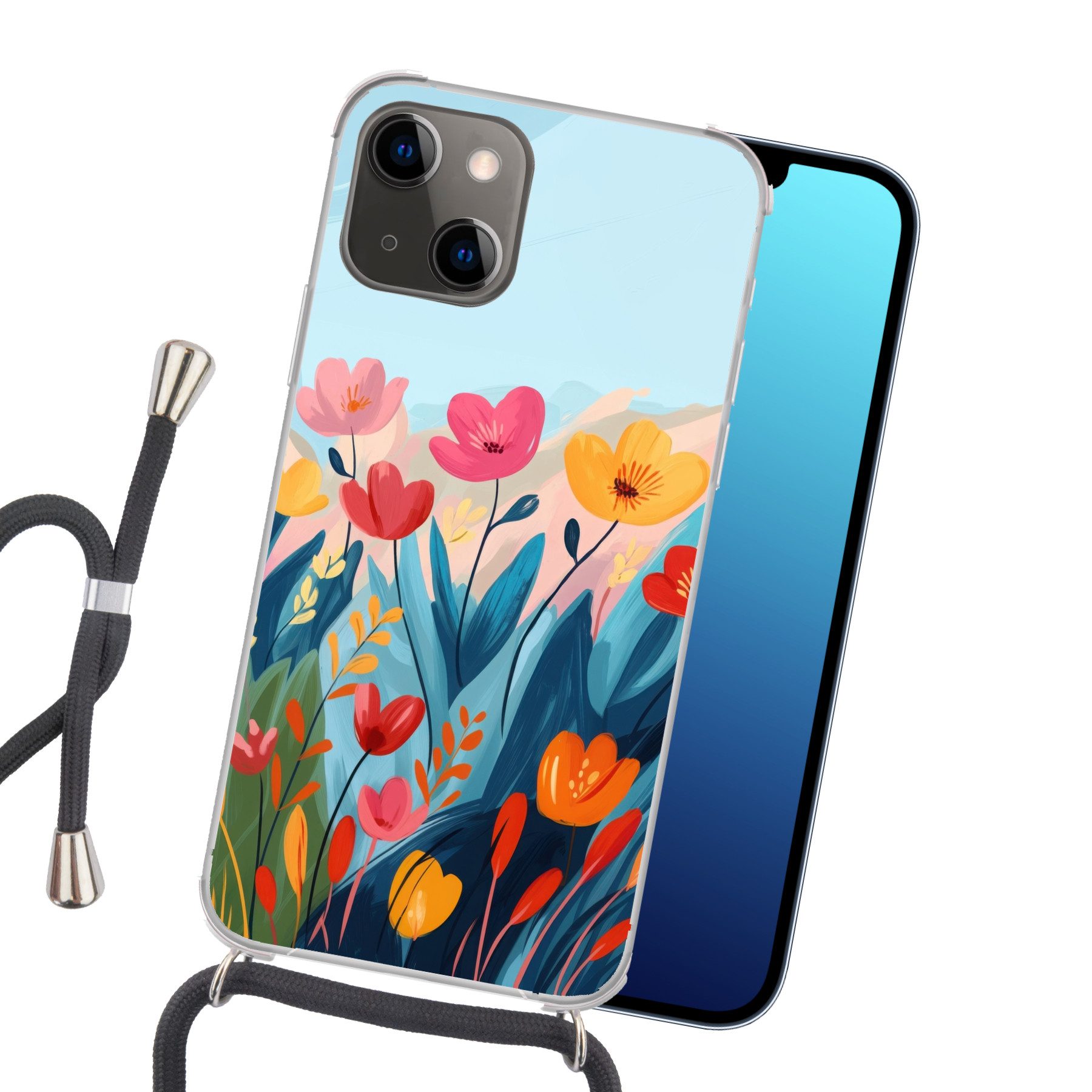 MuchoWow Handyhülle für Apple iPhone 13 Mini Illustration - Blumen - Farbenfroh, Tragbare Handyhüllen mit Kette zum umhängen, Handykette Handyband