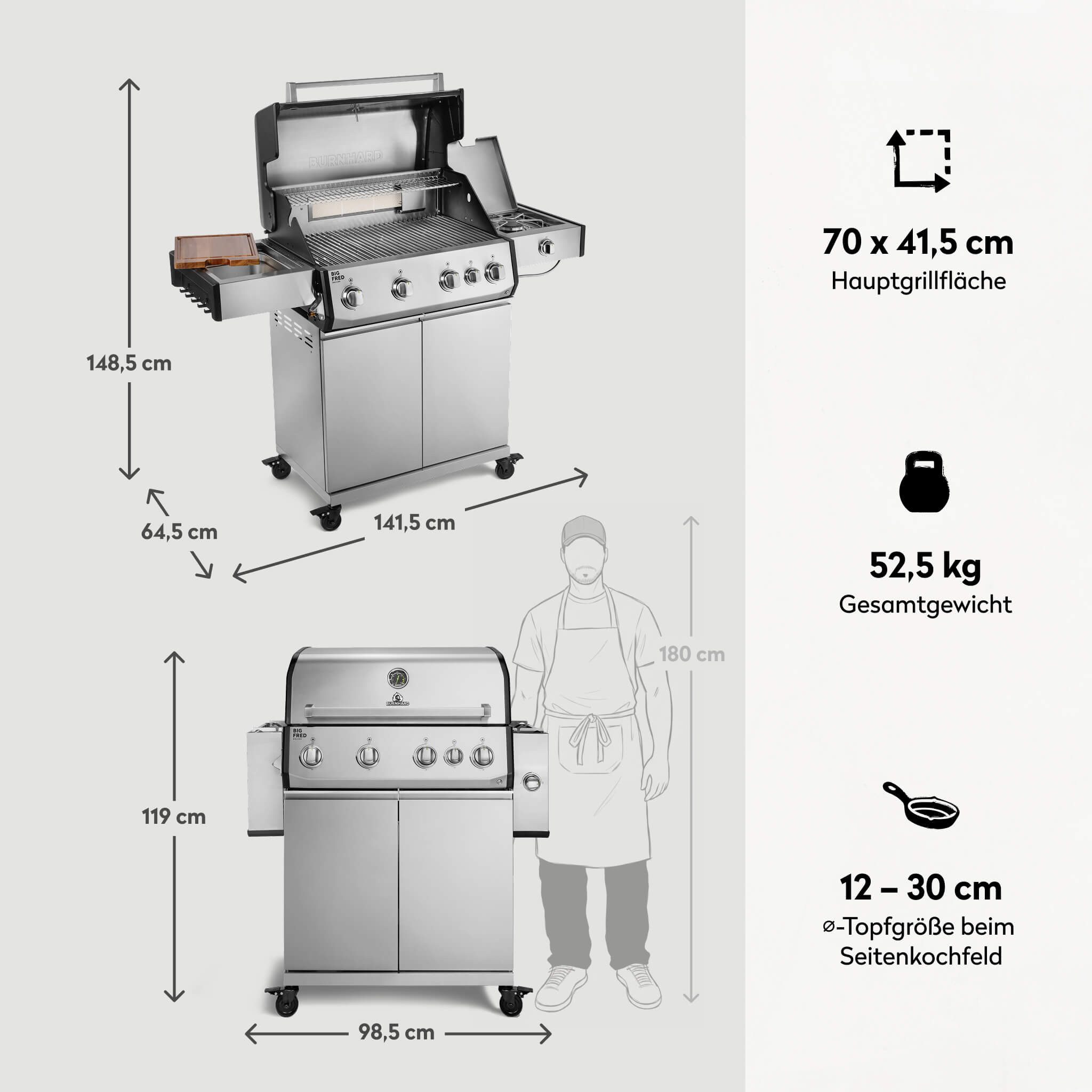BURNHARD® Gasgrill 4-Brenner, 21,2 kW Gesamtleistung, Infrarot-Keramikbrenner, Seitenkochfeld, Edelstahl, Edelstahlrost, große Grillfläche, Piezo-Zündung – Big FRED Deluxe