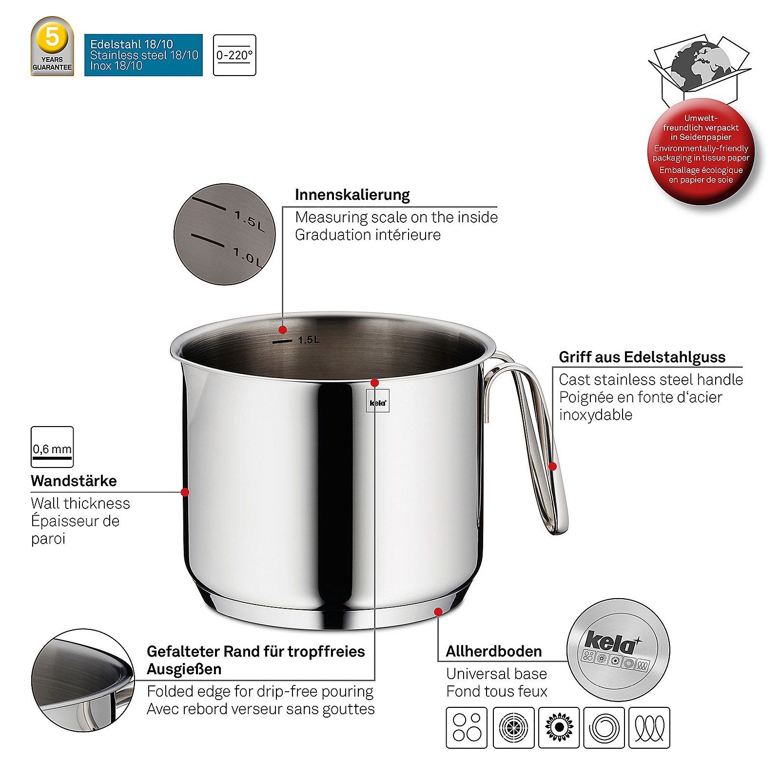 Kochtopf bis 220°C, kela nutzbar Allherdboden, Edelstahl Energiesparboden 10, Flavoria, 18,