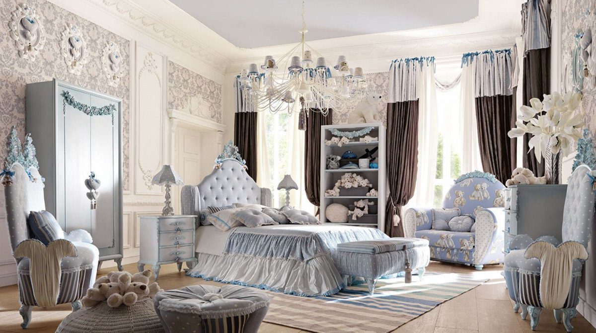 Casa Padrino Kindersessel Hellblau Luxus Grau Italy - - Barock Sessel Kindersessel Prunkvoller Kinderzimmer in Erstklassische / im / Barockstil - Mehrfarbig Made Barock Möbel Kinderzimmer Qualität 