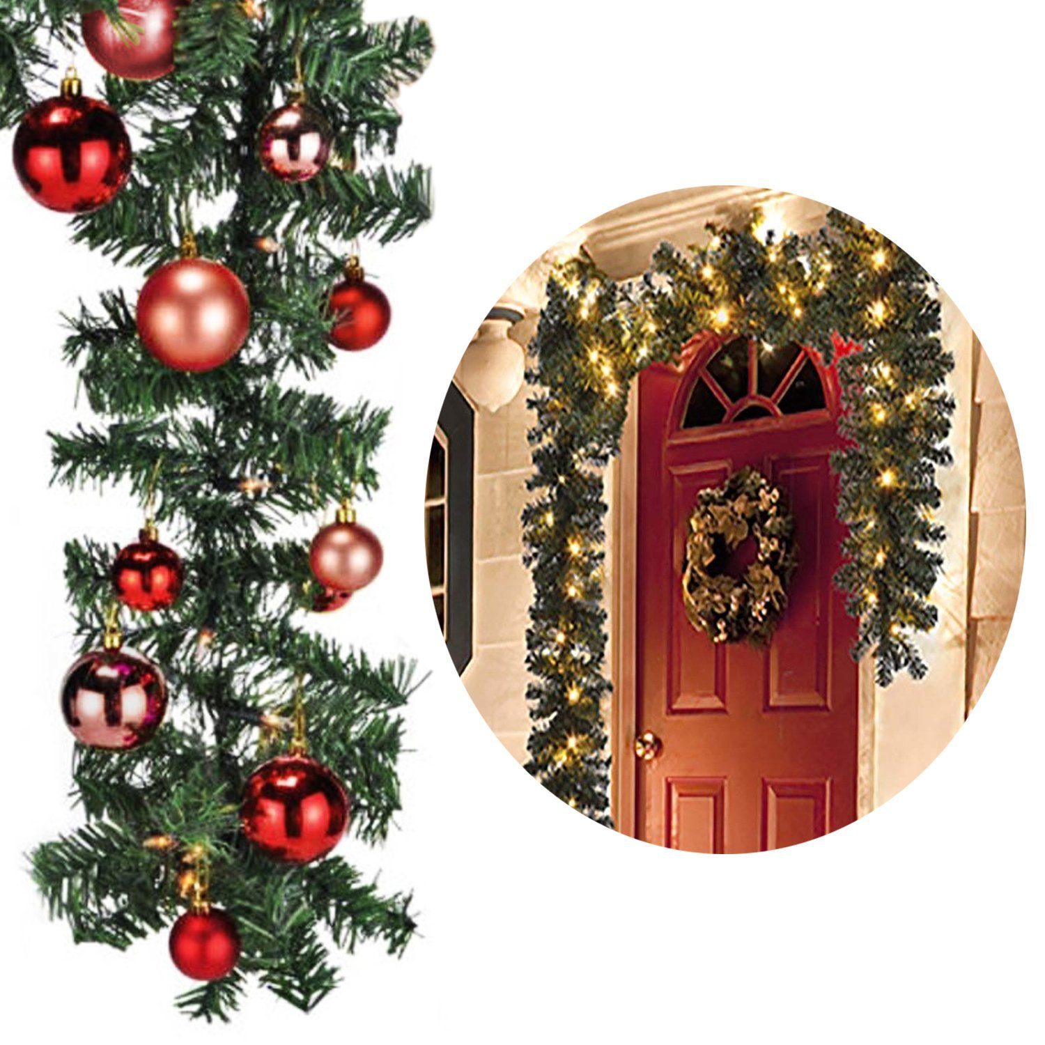 Mojawo Lichtervorhang XXL LED Tannengirlande 810cm mit 100 LED inkl. 60 Stück Baumkugeln Rot