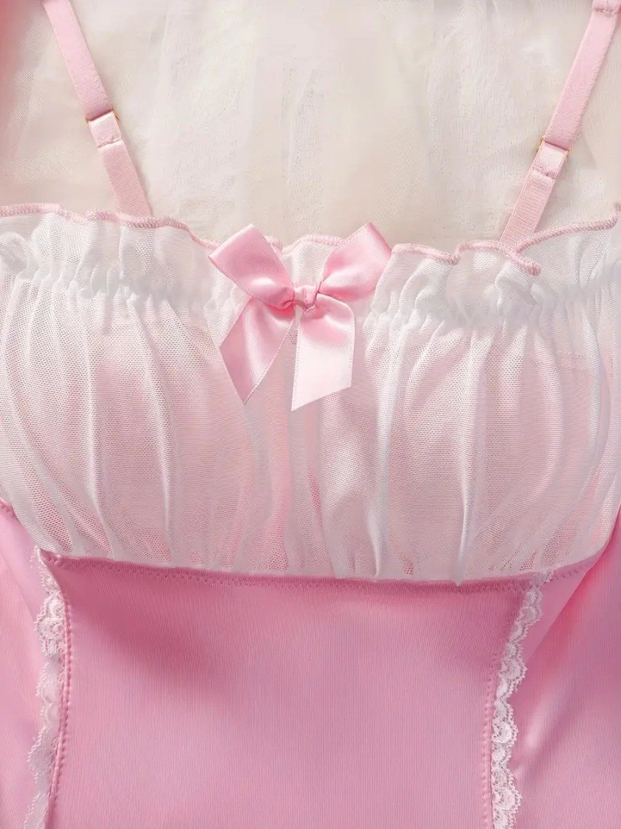 Elegant Love Babydollkleid Kurzes Negligé mit Spitzenbesatz – Nachtwäsche mit Rüschenärmeln Sexy Damen Dessous & Reizwäsche – Satinkleid als elegante Loungewear