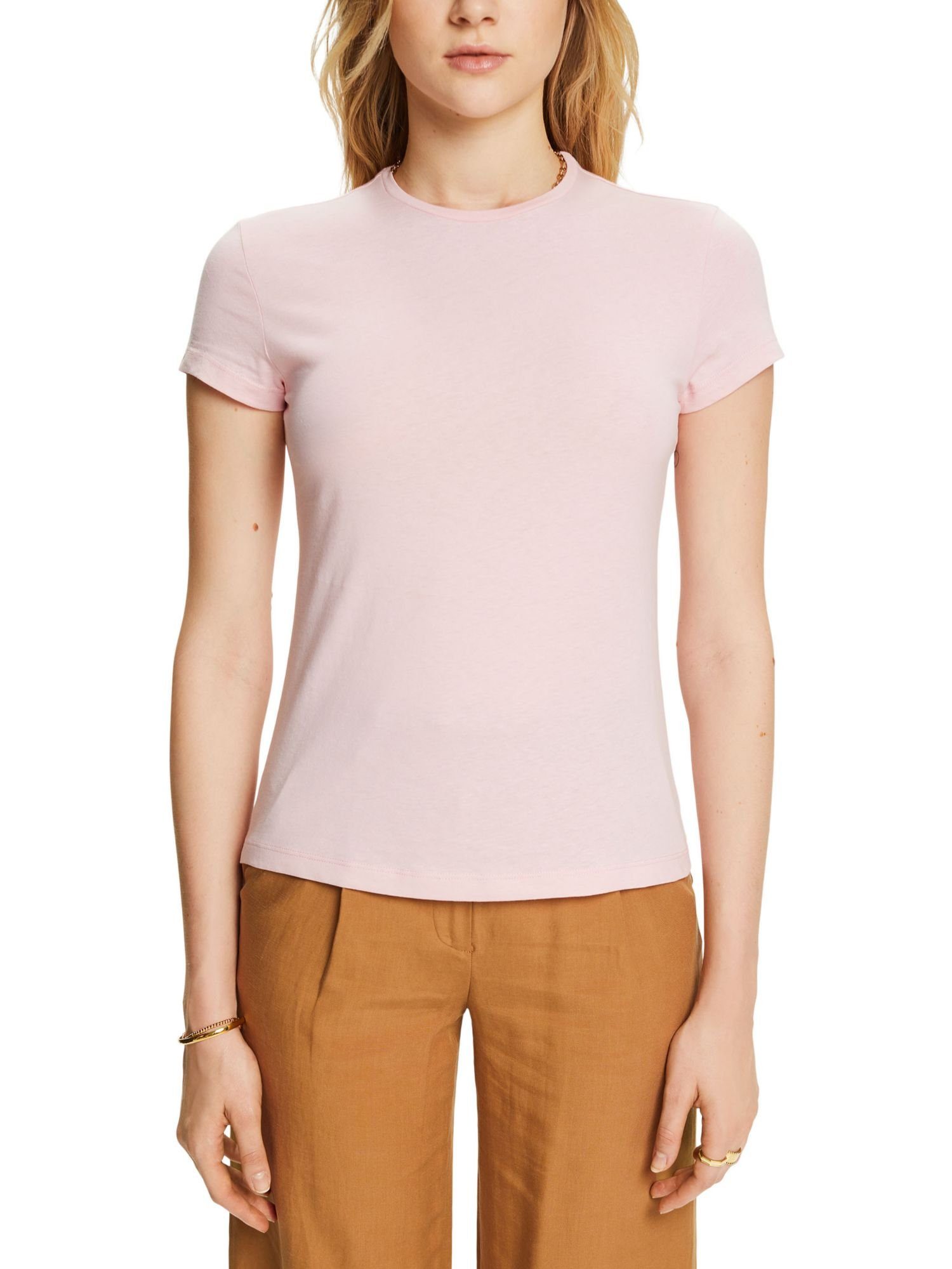 Esprit T-Shirt T-Shirt mit Rundhalsausschnitt, Baumwolle 100 PASTEL (1-tlg) PINK 