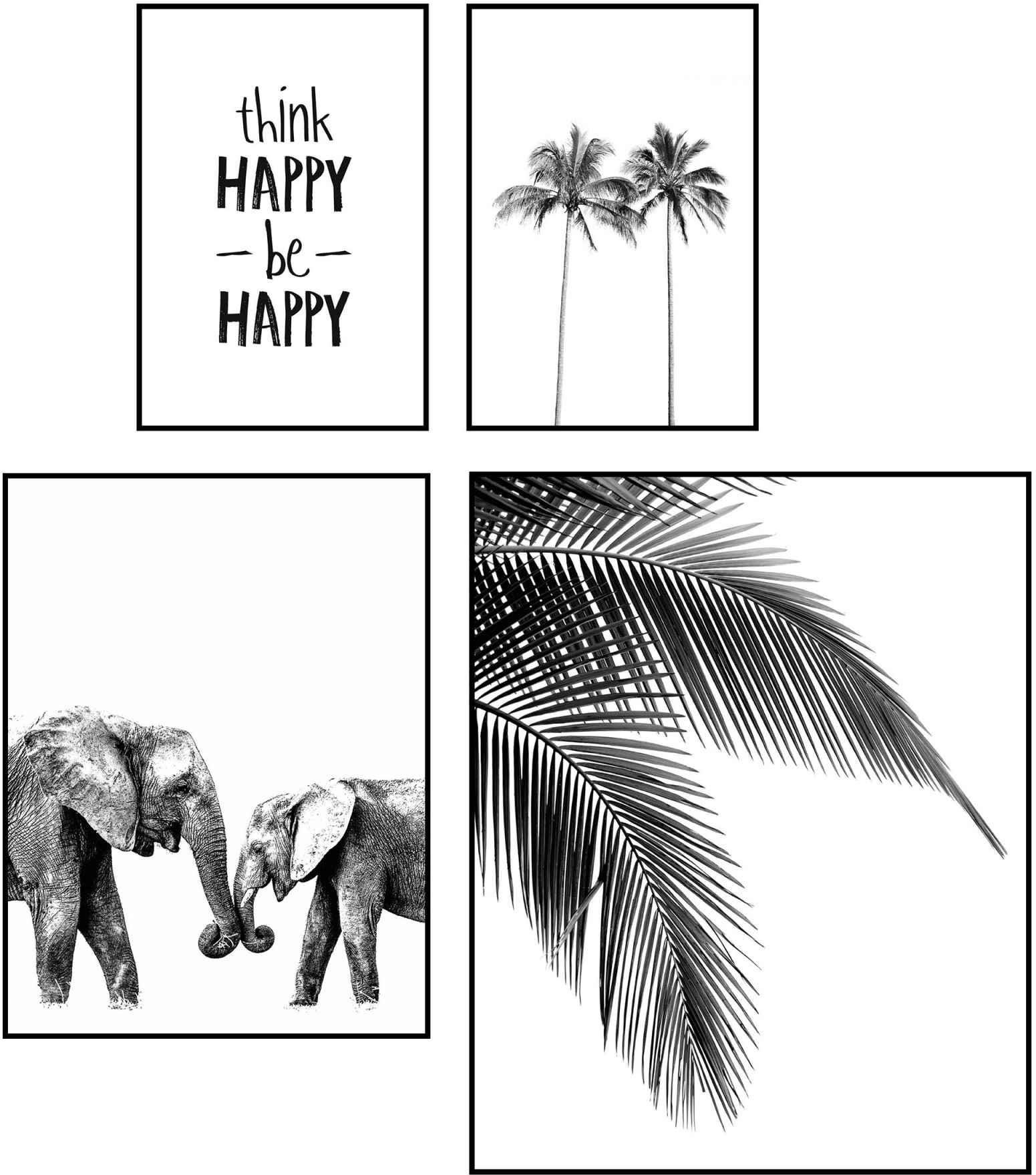 Reinders! Wandbild Wandbilder Set Be Happy Palm - Baum - Modern - Elefant - Glück, Schriftzug (4 St) | Kunstdrucke