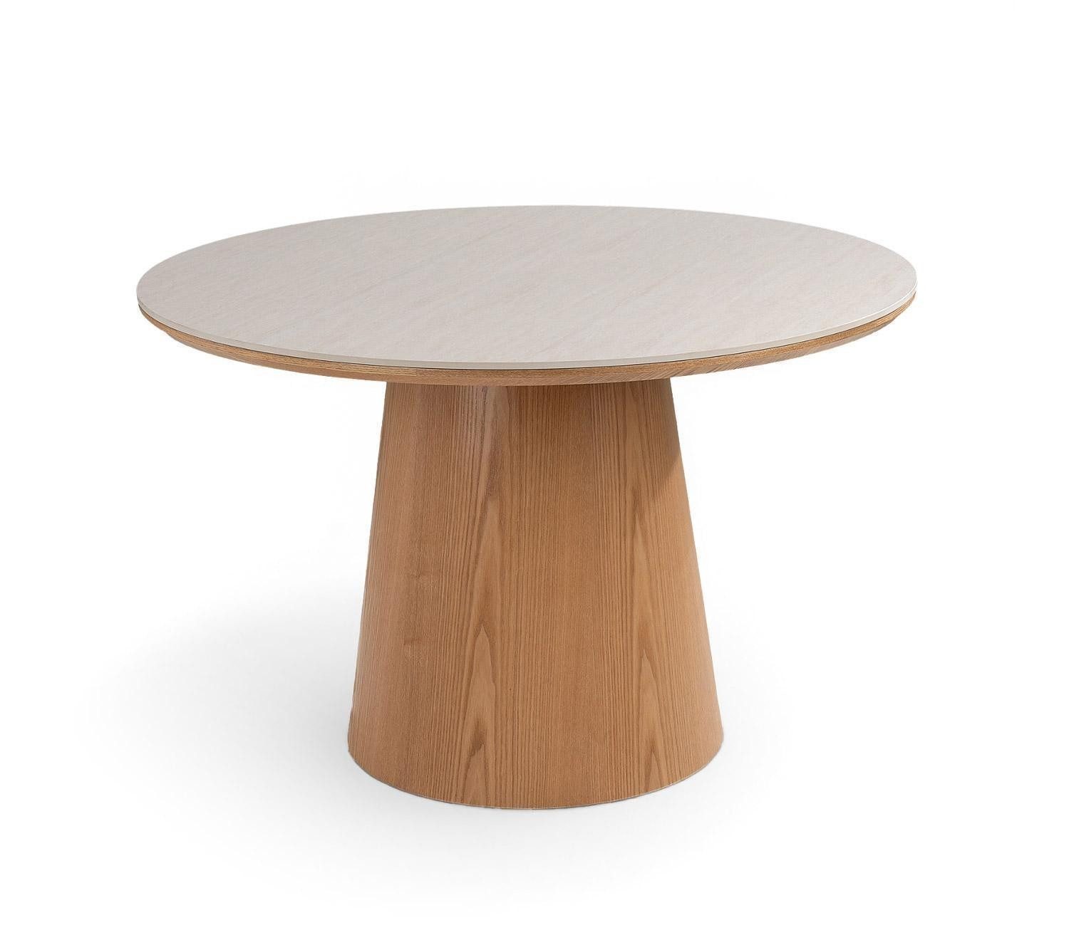 Home4You Esstisch Ø 115 x H 75 cm, Hellbraun, Weiß, MDF, (1-St), travertine Keramikplatte