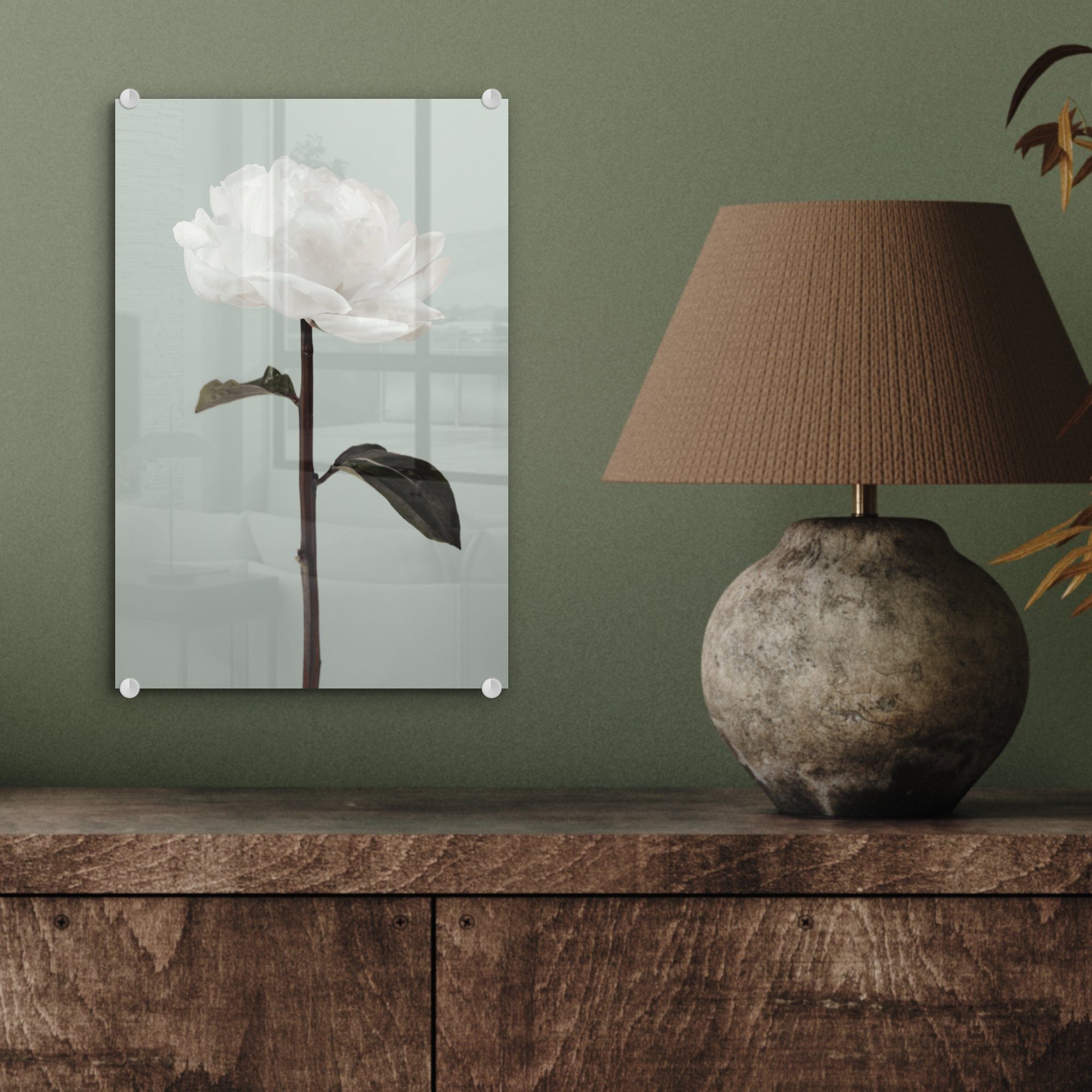 (1 MuchoWow Glasbilder Bilder - - Acrylglasbild St), Wanddekoration Glas Weiß - Blumen Glas Rose - Stilleben, - - auf - Foto Wandbild auf Grün