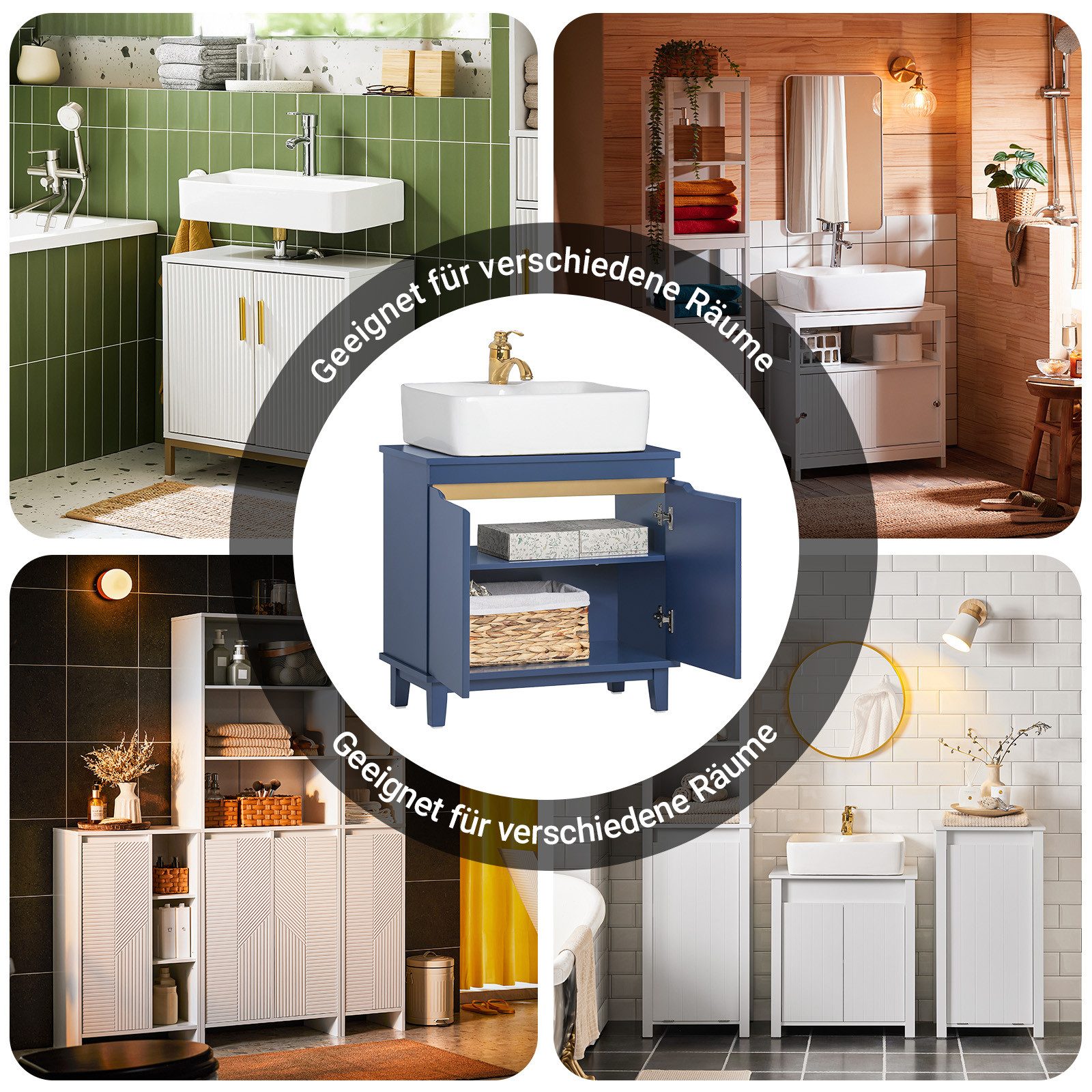 SoBuy Waschbeckenunterschrank BZR113, Badschrank Badezimmerschrank Waschtisch Unterschrank Badmöbel Waschtischunterschrank mit 2 Türen, verstellbare Ablage, 2 F – Bild 4 von 5