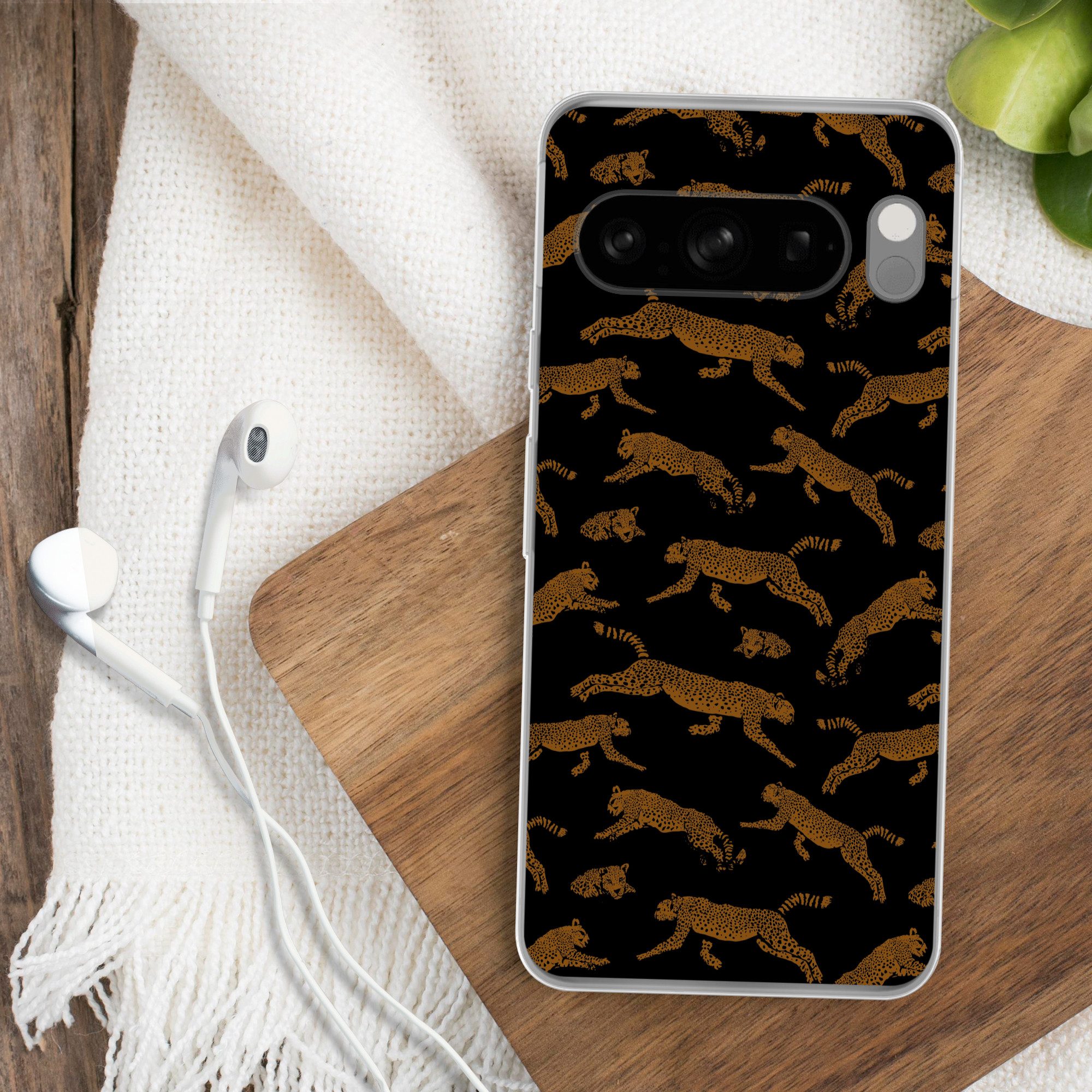 MuchoWow Handyhülle für Google Pixel 8 Pro Panther - Muster - Tiere - Schwarz - Braun, Phone Case, Silikon, Schutzhülle Dünn