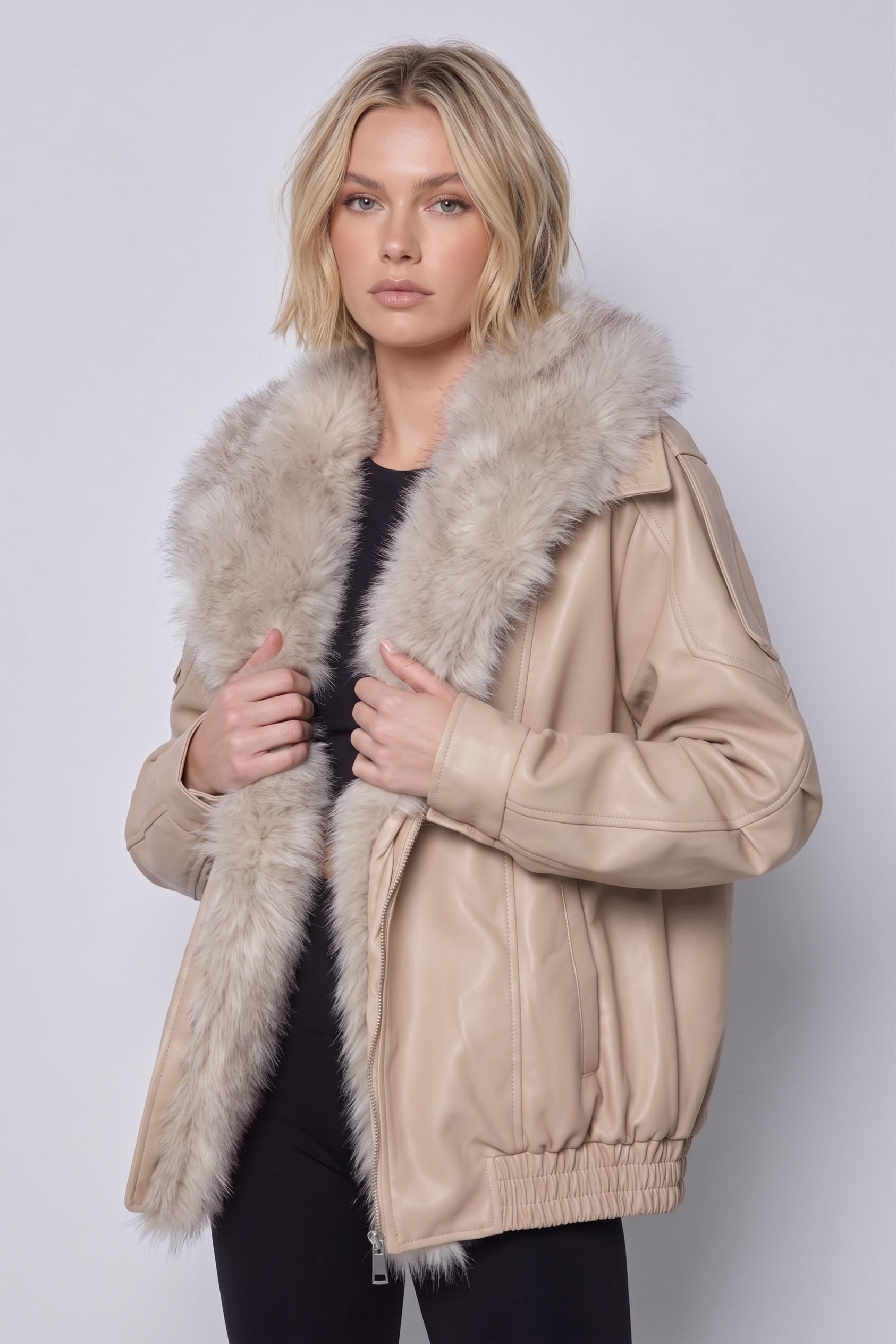 Copperose Bikerjacke Bikerjacke mit Kunstfellkragen 2192 Aviator-Jacke Kunstlederjacke mit weichem Kunst Pelzkragen