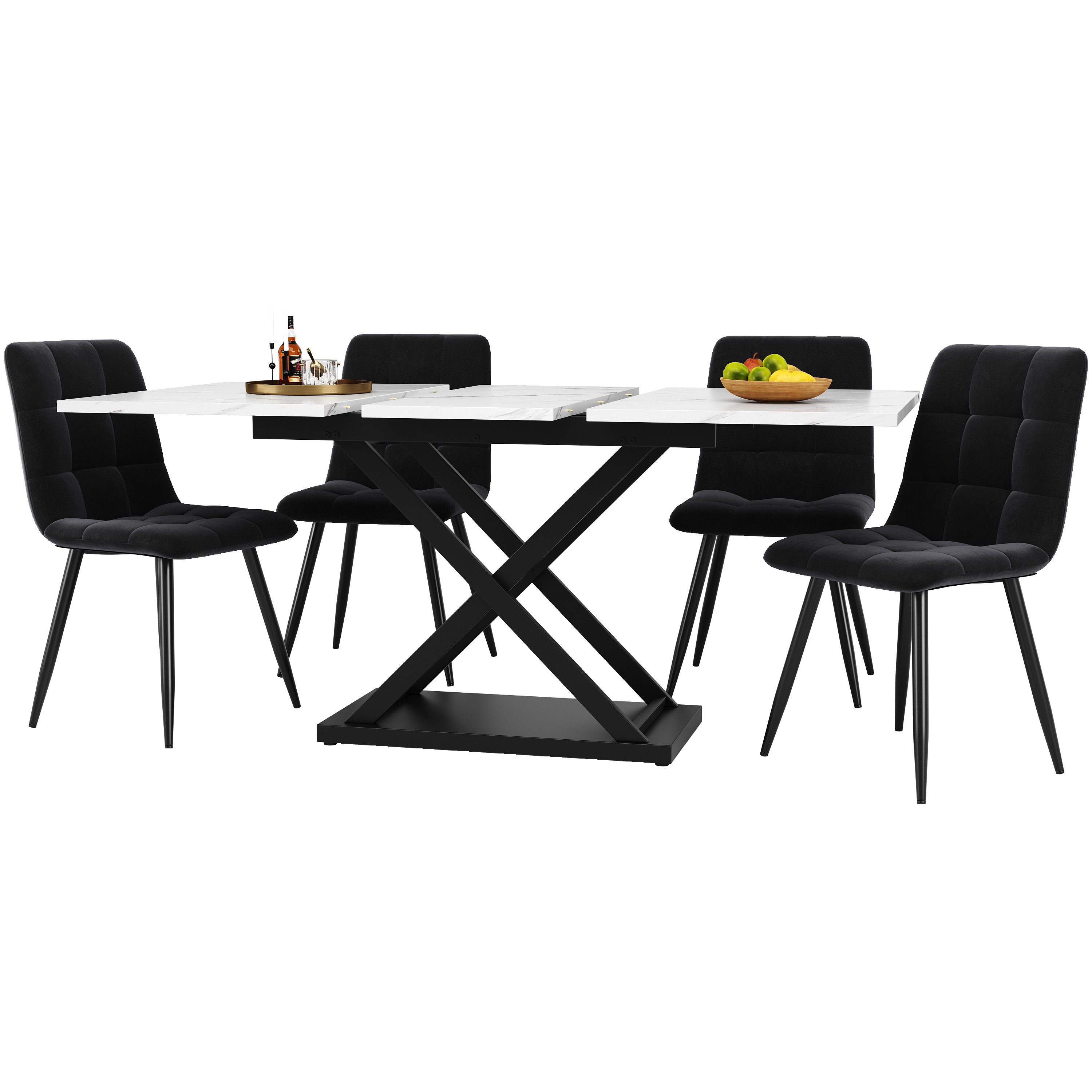HAUSS SPOLE Essgruppe 5-teilig, Ausziehbares Esstisch mit 4 Stühlen aus Samt, Weiß, (1 Tisch mit 4 Stühlen, 5-tlg., Esstischstühle aus schwarzem Samt), Tischbeine in Kreuzform