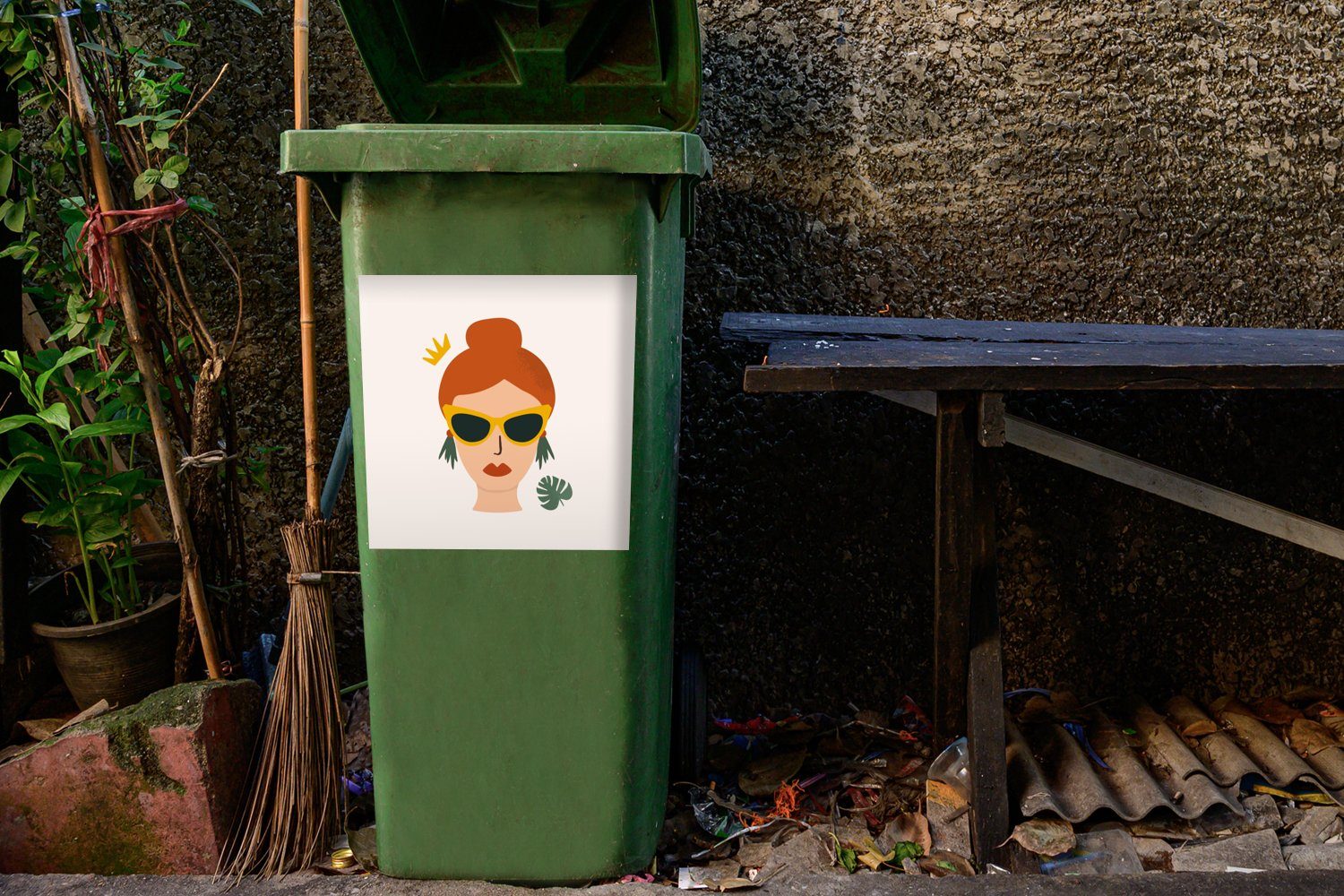 Sonnenbrille Abfalbehälter Mülleimer-aufkleber, Container, (1 Mülltonne, Sticker, St), - Porträt Wandsticker Frau - MuchoWow