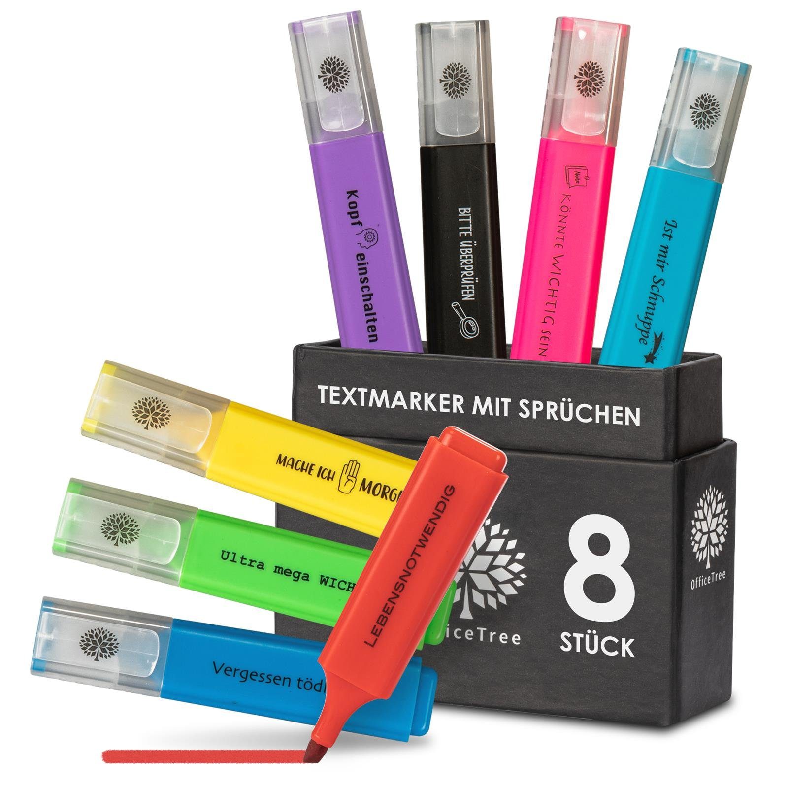 OfficeTree Marker Textmarker mit Spruch nett, (Set 8-tlg), Textmarker mit Sprüchen als Lustige Büroartikel für Studenten