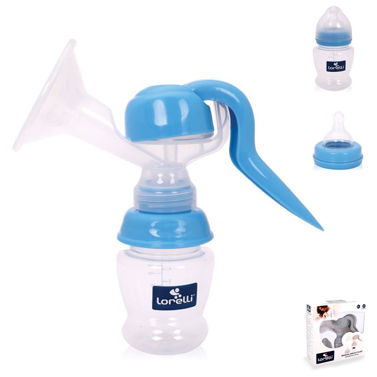 Lorelli Handmilchpumpe manuelle Milchpumpe, Silikonventil 120 ml Flasche Sauger 0+ Deckel blau